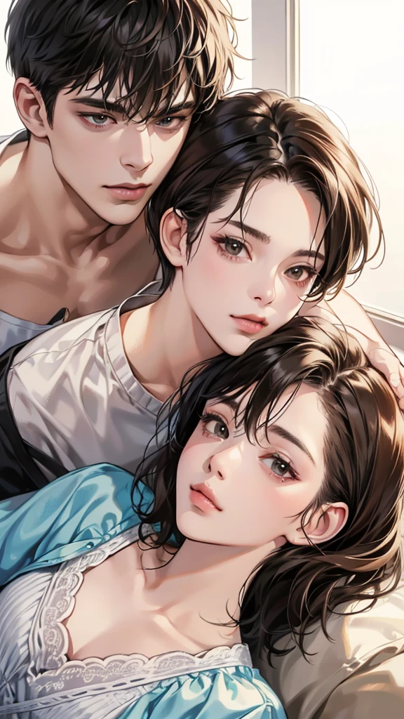 high quality, detailed, Realistic, (two 16 years old japanese boys), (detailed black eyes), (abs:1.5), (shiny skin), detailed nipples, black hair, (black tiny thong), (erected bulge), summer noon, (smile:0.8), close up face, laying, kissing,