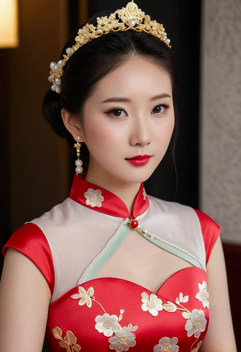 There is a woman in a cheongsam, 2 , 2 8 years old old, 3 2 yearsate makeup, Ye ars old, round face, cute lian, gold tiaecklace, jade hairpin