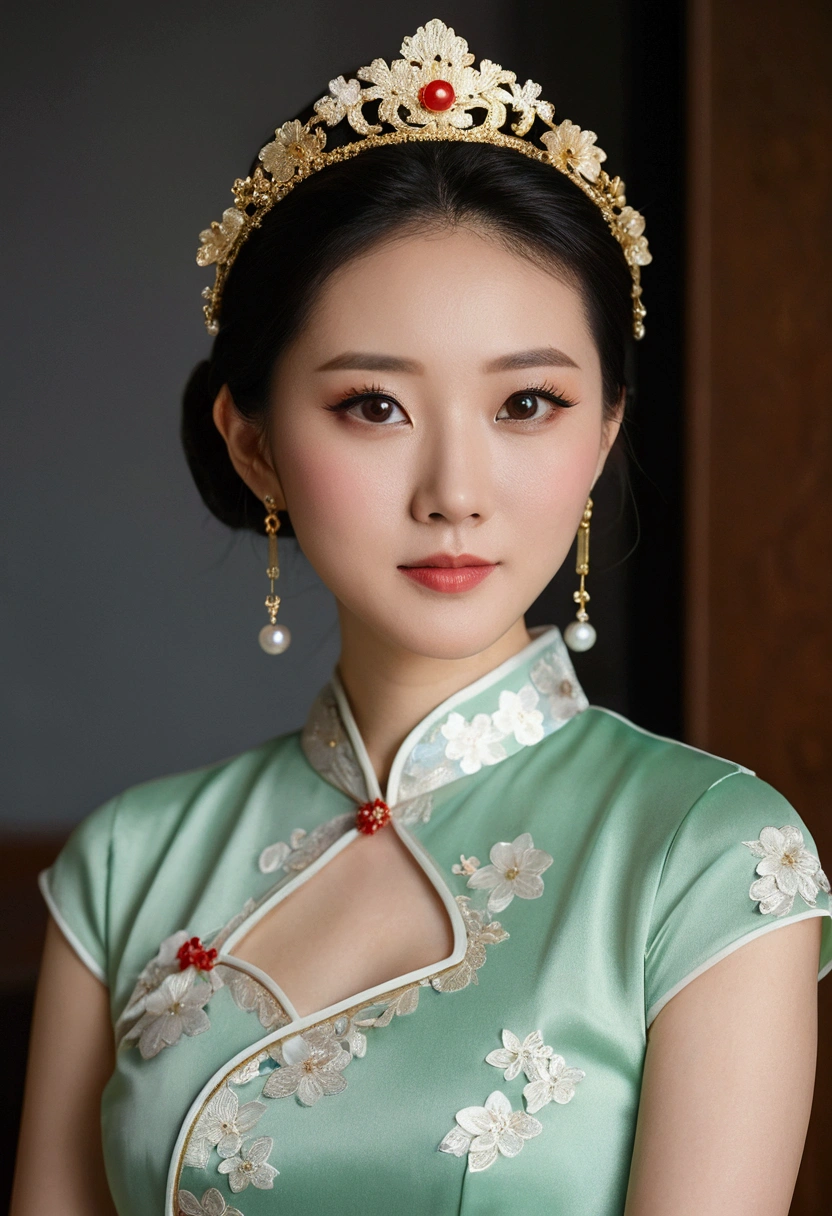 There is a woman in a cheongsam, 2 7 years old, 2 8 years old, 2 9 years old, 3 2 years old, delicate makeup, Ye Wen, 2 3 years old, round face, cute lian, gold tiara, pearl necklace, jade hairpin