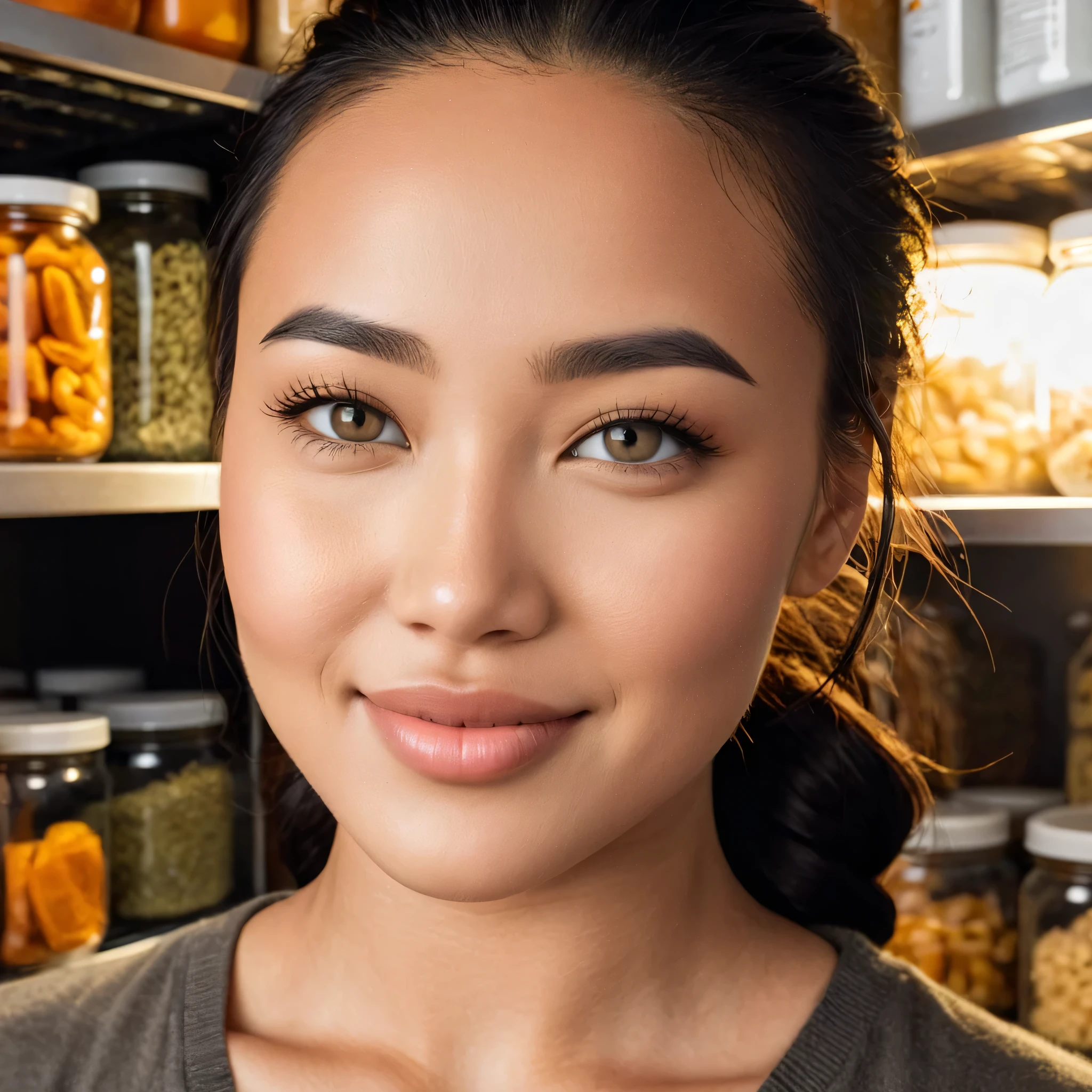 (Very close shot, zoomed in close-up face portrait:1.5) photo of a smirking, (closed mouth:1.5) curious curvy young 29 year old Mongolia woman with medium wavy braids black hair, grey wide eyes, narrow face, prominent nose, narrow jaw, thin mouth, arched brows, square chin, (medium breasts:1.3), muscular ass.
looking up. Modern style, inside a pantry , terrace visible through window, evening, cloudy.
cinematic lighting, vibrant colors, detailed skin texture, detailed cloth texture, beautiful detailed perfect face, intricate sharp details, ultra high res