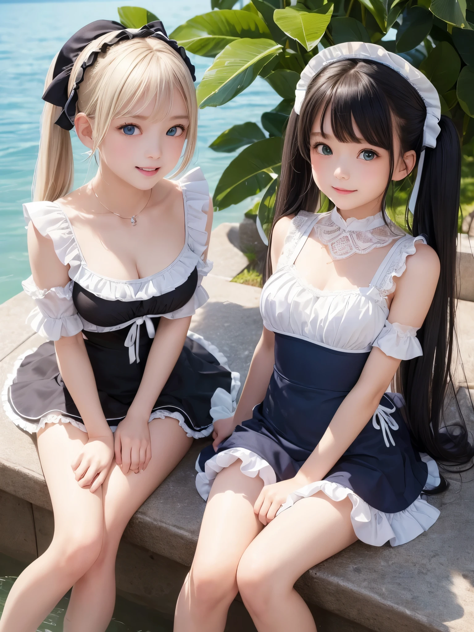 ((masterpiece)), ((highest quality、Ultra high definition)), (Very detailed),8K、Photo quality、((Amazingly cute girl)),-yeld gi), Two people, , (Beautiful emerald blue eyes), ((smile)),In the open-air bath overlooking the sea, Beautifully arranged black hair in twin tails、whole body、Cute lolita maid style swimsuit))、Professional Lighting、(White lace knee-highore detailed and beautiful)、(More details and cutenesore realistic)、(((Just wear light clothing)))、プールではしゃぐ、