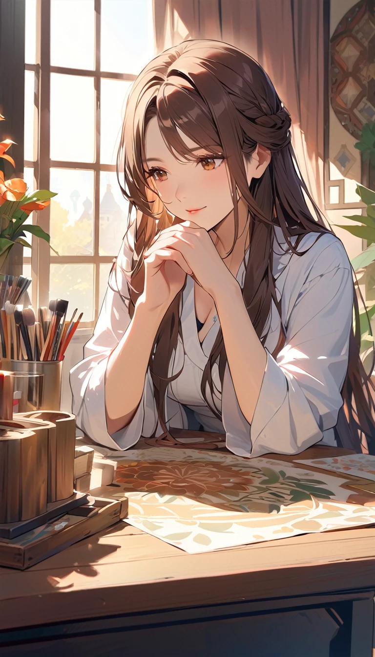 a woman, Mature Woman, Long Hair,Brown Hair,((Craft art))