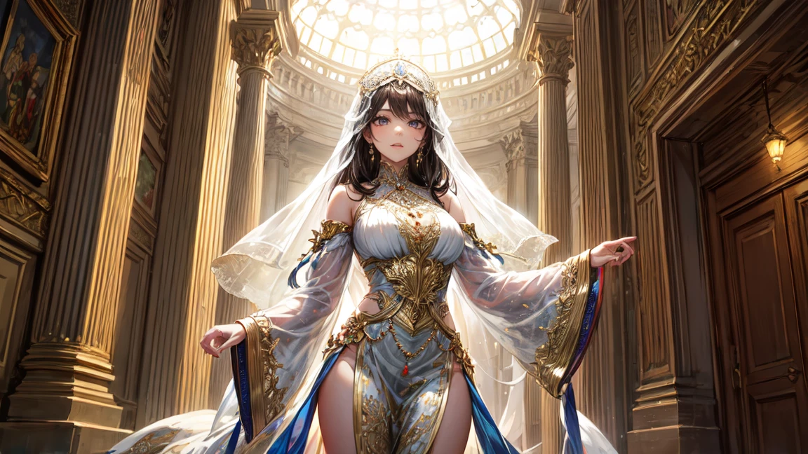 A beautiful woman in an elaborate, gold and emerald outfit similar to traditional Arabian or Persian attire, standing in front of a majestic palace. The palace features intricate architecture with domes and arches, reflecting the splendor of ancient Arabian or Persian design. The woman has long, flowing dark hair adorned with gold jewelry and a confident expression. Her face is partially covered by a delicate face veil, revealing only her expressive eyes. Her attire includes intricate patterns and details, capturing the essence of Arabian or Persian culture. The overall atmosphere should be both regal and captivating.