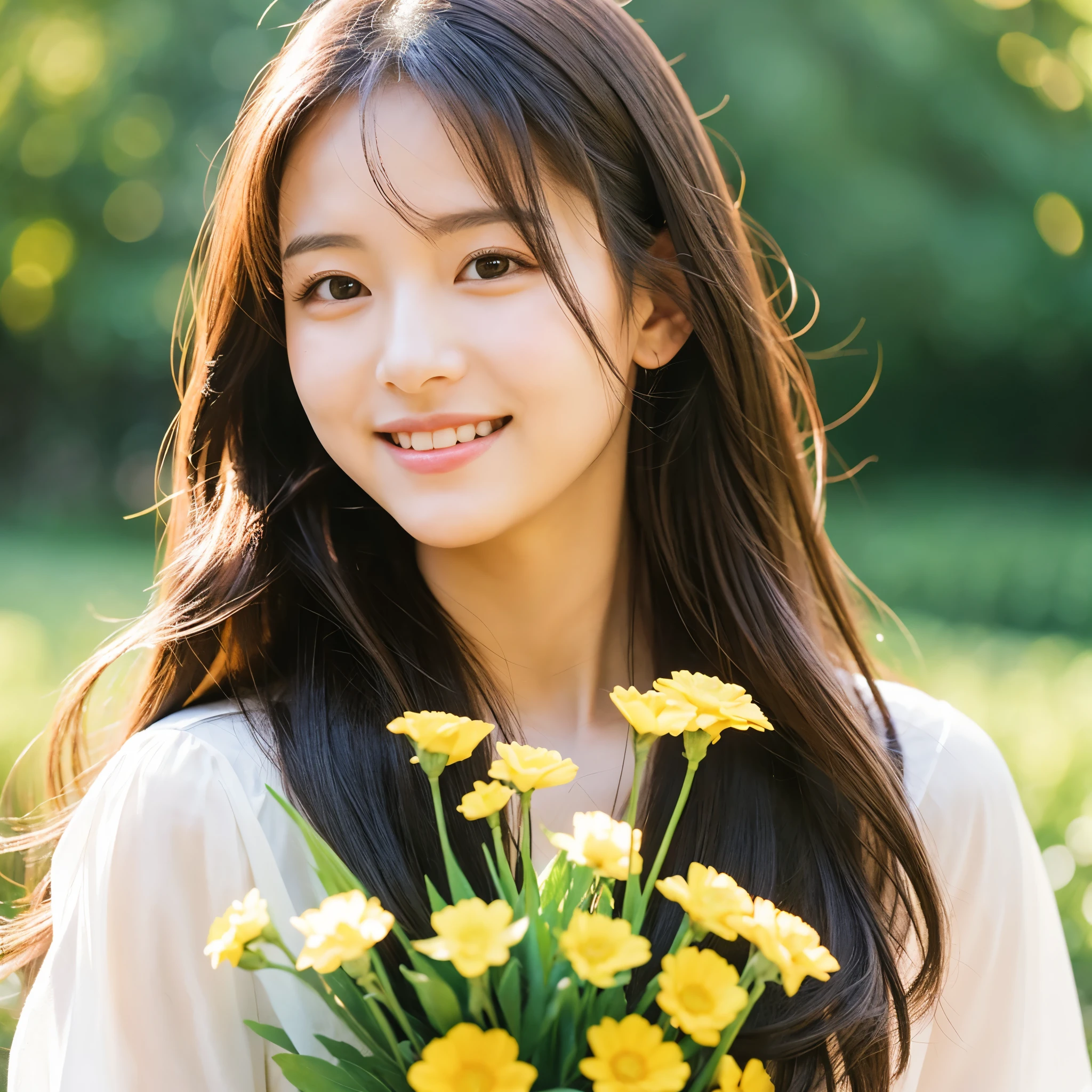 Create an image of a young woman around 25 years old, inspired by the provided image. The woman should have long, flowing hair and a gentle smile, holding a bouquet of flowers similar to the one in the reference. The setting should be a beautiful outdoor environment with greenery in the background, reminiscent of a sunny day. The woman should have a slightly more mature appearance while maintaining a warm and friendly expression. Ensure the lighting and color tones are soft and natural, highlighting her youthful yet mature beauty.