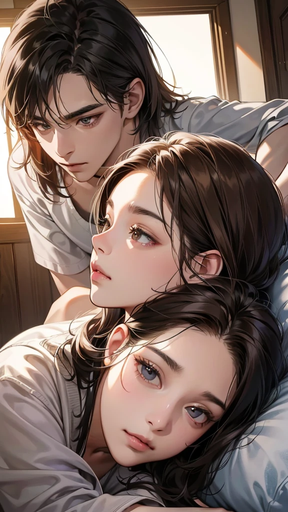 a couple, 1 girl 1 boy, Hair color is different, Medium black hair and brown eyes, Short black hair and gray eyes, Romance, Lie on the ground, a couple、Lip touch, พื้นหลังเรียบๆ