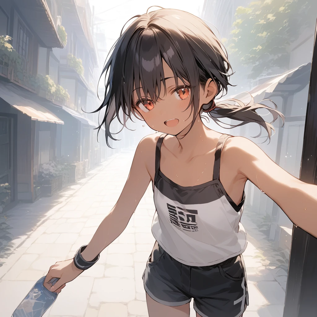 score_9, score_8_up, score_7_up, source_anime, best quality, masterpiece, official art, absurdres, highres, ultra-detailed,waifu2x,Collection: Slice of Life,break,1girl, tomboy, dark-skinned female, short hair, low ponytail, flat chest, beautiful detailed eyes, shorts, sweat, open mouth, (yawn:0.3), sleepily, outdoors, wind,break,(clear line illustration:1.2), super detailed skin,very high resolution, very aesthetic, Best sexual lighting powered by famous artist, 8k,cute picture,beauty illustration,photoshop_(medium),,(Detailed Lighting),best anime 8k konachan wallpaper, pixiv contest winner,