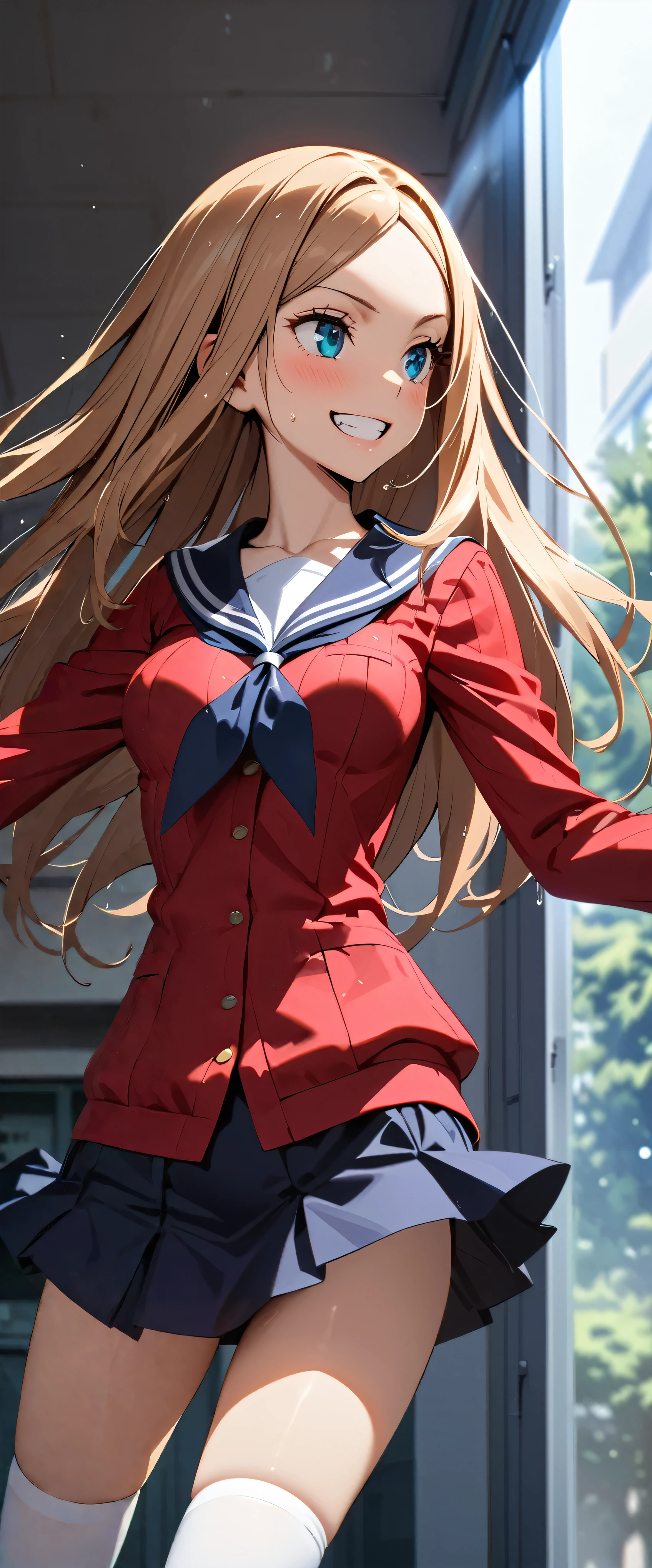 High resolution,masterpiece, Highest quality, Very beautiful face and eyes,One Girl,(smile),teeth,(Ultra-detailed fantasy views),Frill dress,Dynamic pose,Particles of light, Sailor suit, ,,mini skirt,teeth,Professional Lighting, skinny, Perfect fit for your skin,zettai ryouiki, jewelry,One skinny 28-year-old,((Browsing Caution))Medium breast,Daytime,White knee-highs,Bright lighting,School,Wet with sweat