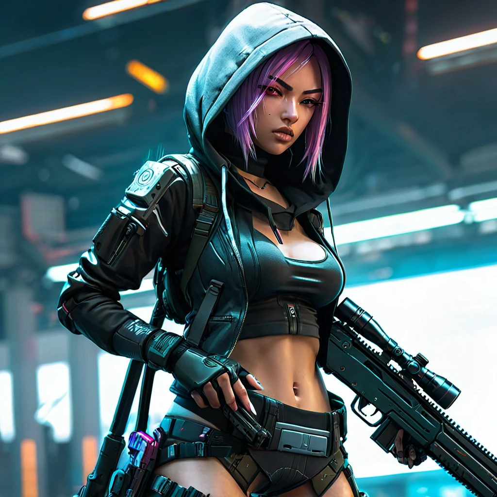 a close up of a person with a gun and a hood on, cyberpunk art, trending on Artstation, neoism, cyberpunk assassin, cyberpunk anime girl in hoodie, female assassin, mechanized soldier girl, cyberpunk anime girl mech, of a sniper girl in war, anime cyberpunk art, cyberpunk character design, full body shot, shooting stance