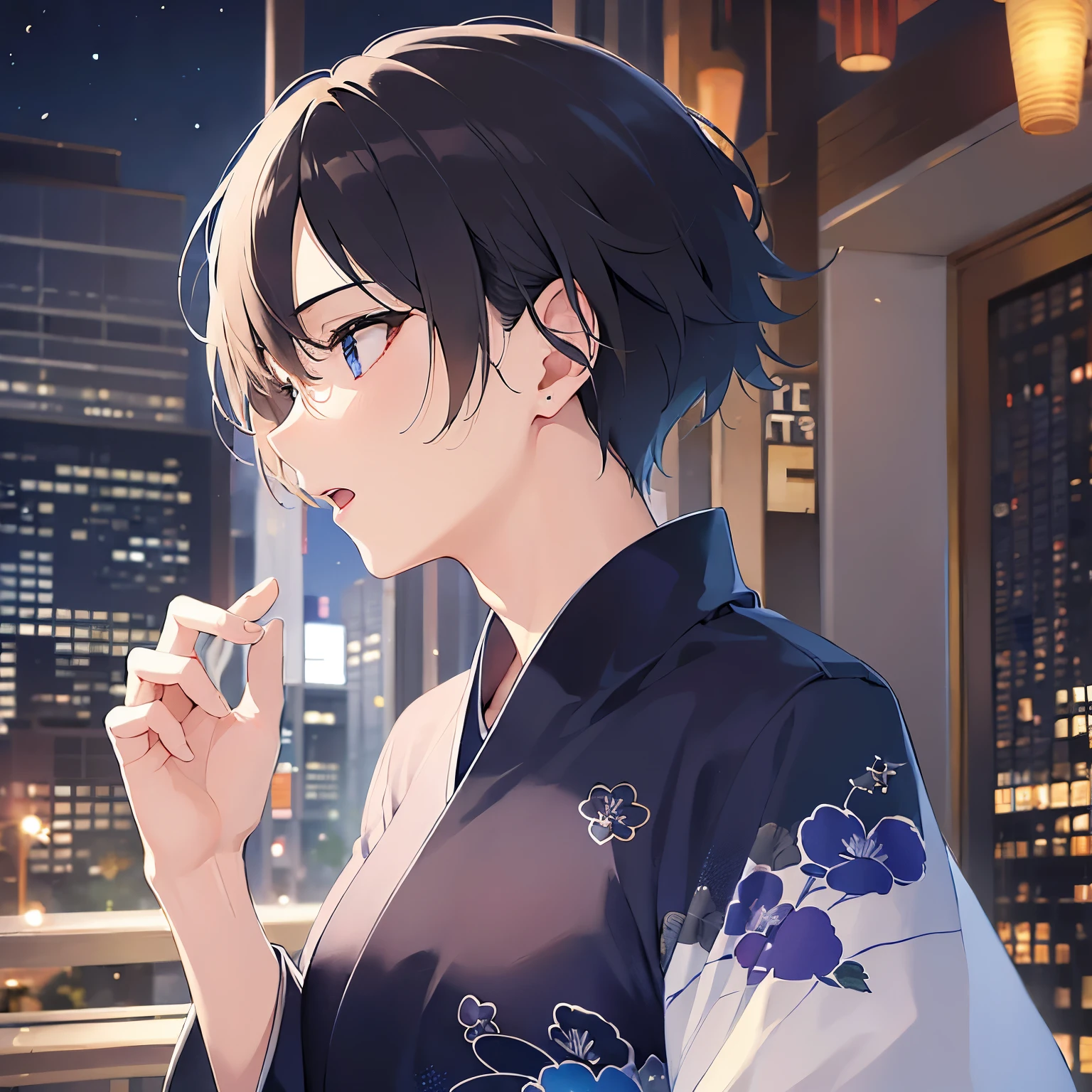 (25-year-old male:1.5) and(Black short hair) and (blue eyes), (looking away:1.5), upper body、(outstretched hand:1.5)、
masterpiece、Highest quality、
(Blue) and (yukata),(open mouth:1.5),Serious,背景はnightの和風の廊下,(night:1.5)