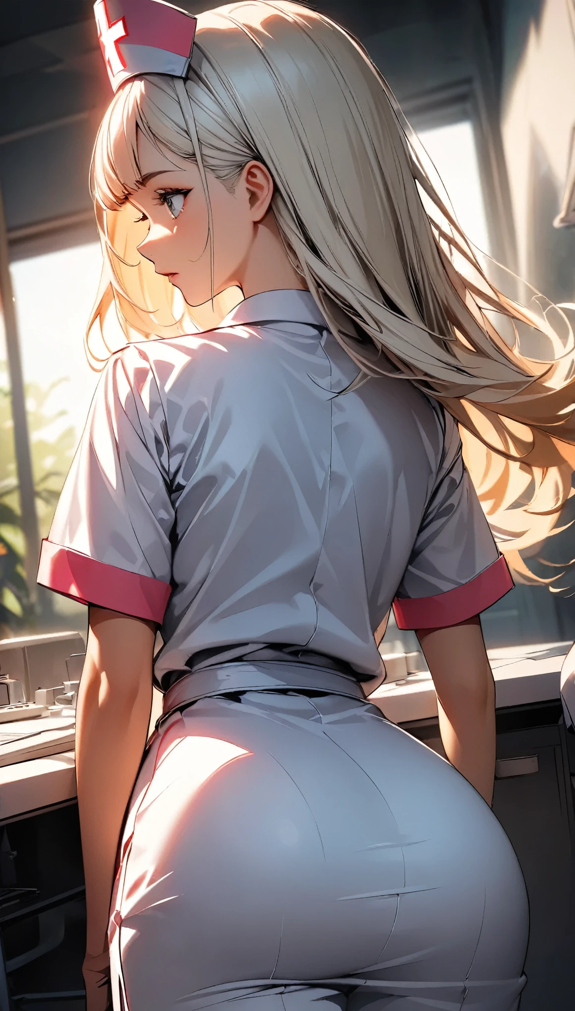 (Highest quality:1.2, Very detailed, up to date, Vibrant, 超High resolution, High Contrast, masterpiece:1.2, Highest quality, Best aesthetics), (((1 girl))), Beautiful nurse, Carefully drawn medical equipment, Medical Uniforms, Professionalism, Bright colors, Soft lighting, Expressive eyes, Detailed lips, Long eyelashes, Pleasant atmosphere, confidence, Focus on the nurse, Positive Energy, (((Backwards, turn around, Focus on the butt:1.2))), Calm background, A nurturing presence, High resolution, Sharp focus.