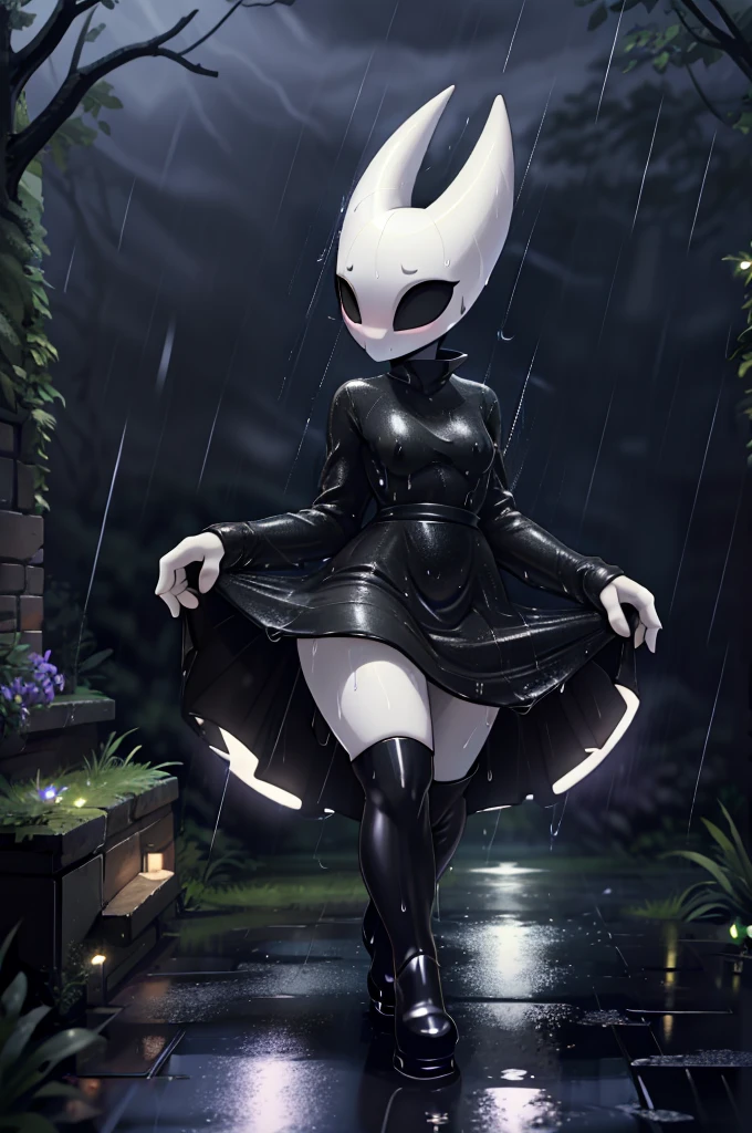 (masterpiece), ((perfect anatomy)), (high Res), (4k), hornet, ((insectoid)), ((segmented body)), ((insect body parts)), black body, (white head), 3 fingers(index, middle and thumps), flat chest, wide hips, (((wet red long sleeved dress))), (((black high boots))), walking in a forest, (((solo))), narrow waist, (cute artstyle), full body, (((raining))), (((storm))), (((at night))), (((wet))), in the dark