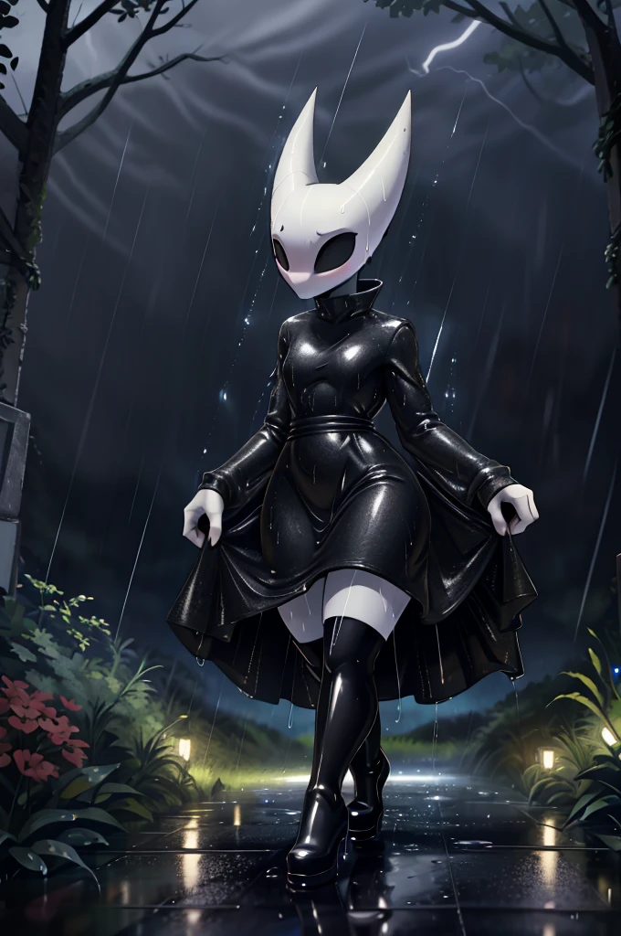 (masterpiece), ((perfect anatomy)), (high Res), (4k), hornet, ((insectoid)), ((segmented body)), ((insect body parts)), black body, (white head), 3 fingers(index, middle and thumps), flat chest, wide hips, (((wet red long sleeved dress))), (((black high boots))), walking in a forest, (((solo))), narrow waist, (cute artstyle), full body, (((raining))), (((storm))), (((at night))), (((wet))), in the dark