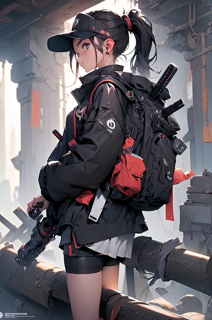 (masterpiece, best quality,ultra highres),
japanese girls standing,
(Cap, tight tee shirt, shorts, Backpack.Cyberblade),(yo,detailed face,(ponytail hair),
Ruined future world,The future ruins of the world,