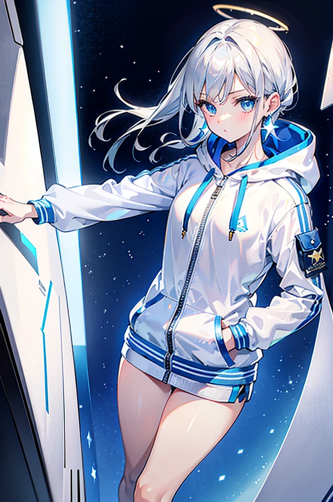 Put your hands in your pockets,Silver Hair,Blue Mesh,Blue eyes,White hoodie,The thighs of both legs are visible,Golden angel halo,One Girl,masterpiece,Highest quality,View your viewers,cute,Star Earrings