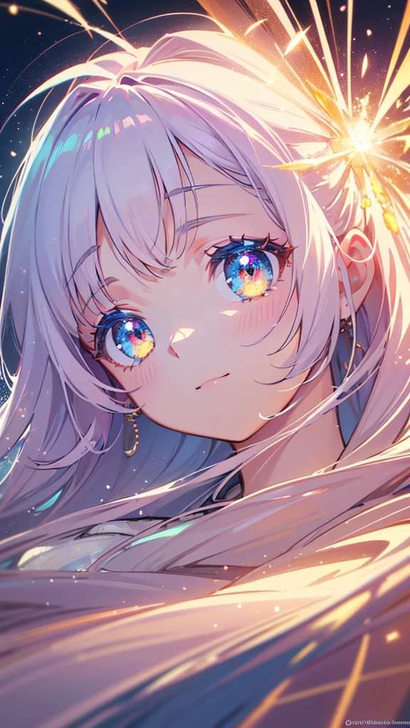 A close-up illustration of an angel's face, with a particular focus on the eyes. The eyes should be depicted with a glass-like beauty, capturing the delicate reflections of fireworks. Each spark and color from the fireworks should be reflected in the angel's eyes, enhancing their depth and radiance. The face should be ethereal and serene, with a soft and luminous glow. The overall scene should emphasize the intricate details of the eyes and the reflection, creating a stunning and mesmerizing image. Ensure the image is of the highest quality, capturing the fantasy and beauty of the moment.