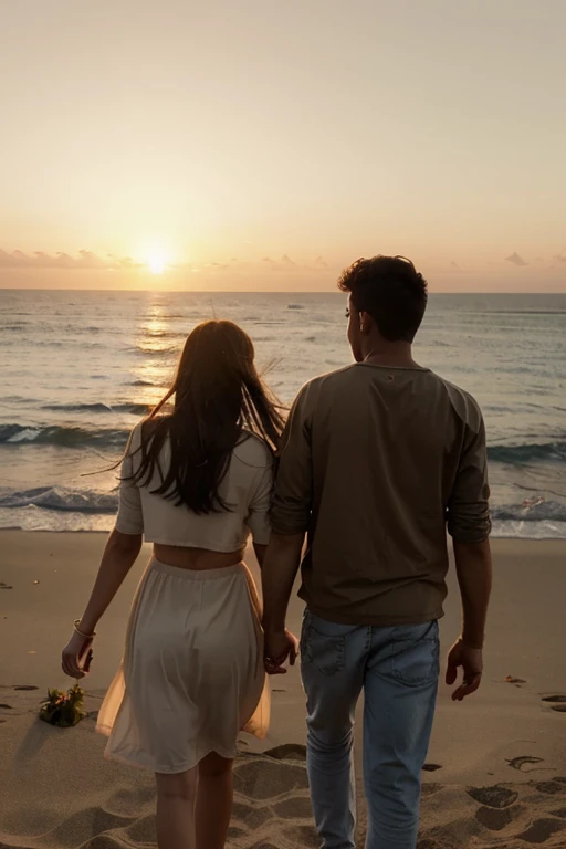 amine image of woman and man holding hands in the sunset looking towards the sun gently and lovingly aspect ratio for YouTube photo without breaking the face