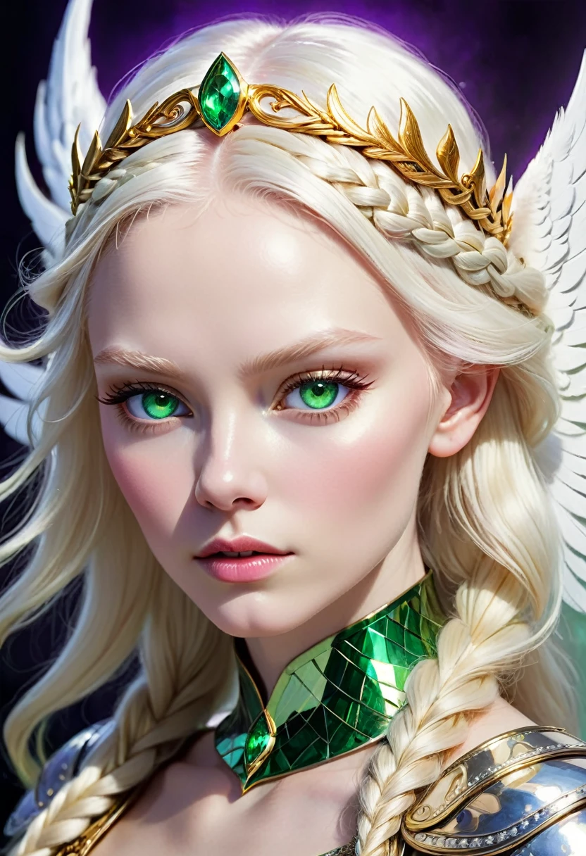 In fantastic art and with spiritual lights, realistic close-up portrait of a beautiful and beautiful albino Valkyrie warrior, snow-white skin, VERY PALE, fierce and wild face, but beautiful, 35 years old, from her body emanates an aura of strong glowing violet light. Her strong, proud, wild and solemn features are accentuated by her blond, golden, braided hair, adorned with a winged tiara on her head, her pupil-less emerald green eyes shine with strength and courage. The image, centered on the canvas, shows perfect facial proportions and beauty, with pastel colors, contrasts of light and shadow, and a realistic style that exudes beauty and detail. The image captures her in a pose that suggests she is ready to embark on a journey. The overall mood is one of solemnity, seriousness and strength. Her stern expression stands out.