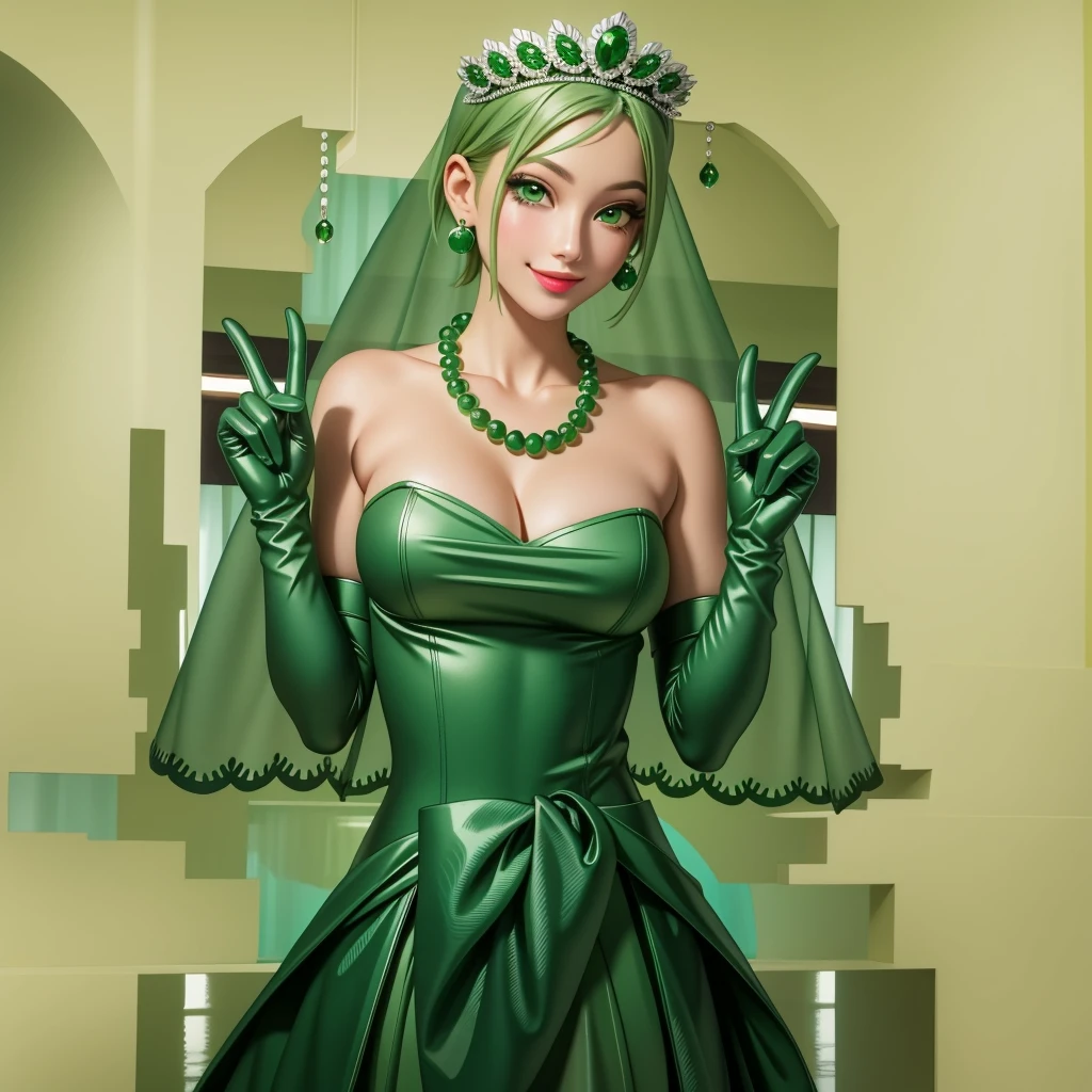 Emerald tiara, Green Pearl Necklace, ボーイッシュな非常に短いGreen Hair, Green Lips, Smiling Japanese woman, Very short hair, Busty beautiful lady, Green Eyes, Green satin long gloves, Green Eyes, Emerald Earrings, Green veil, all of, Green Hair, Beautiful Japanese Women, green lip gloss