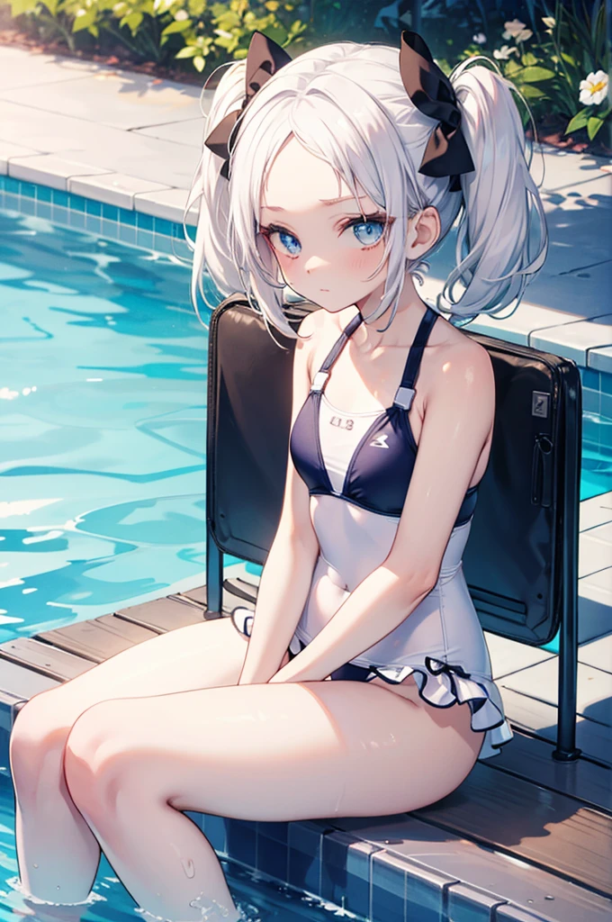 Forehead,twintail hair,white hair,blue eyes, and 120cm,white School swimsuits,Sitting by the poolside,forehead,