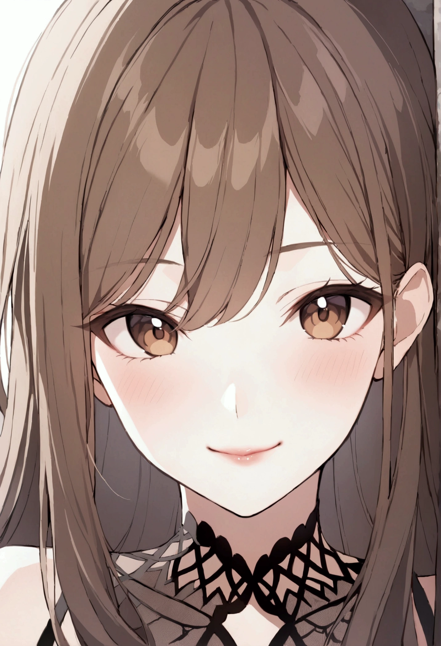 slender, mature female,rating:safe, 1girl, long_hair, brown_hair, solo, eyebrows_visible_through_hair, smile, closed_mouth, looking_at_viewer, brown_eyes, hair_between_eyes, blush, bangs, lips, close-up, face,
