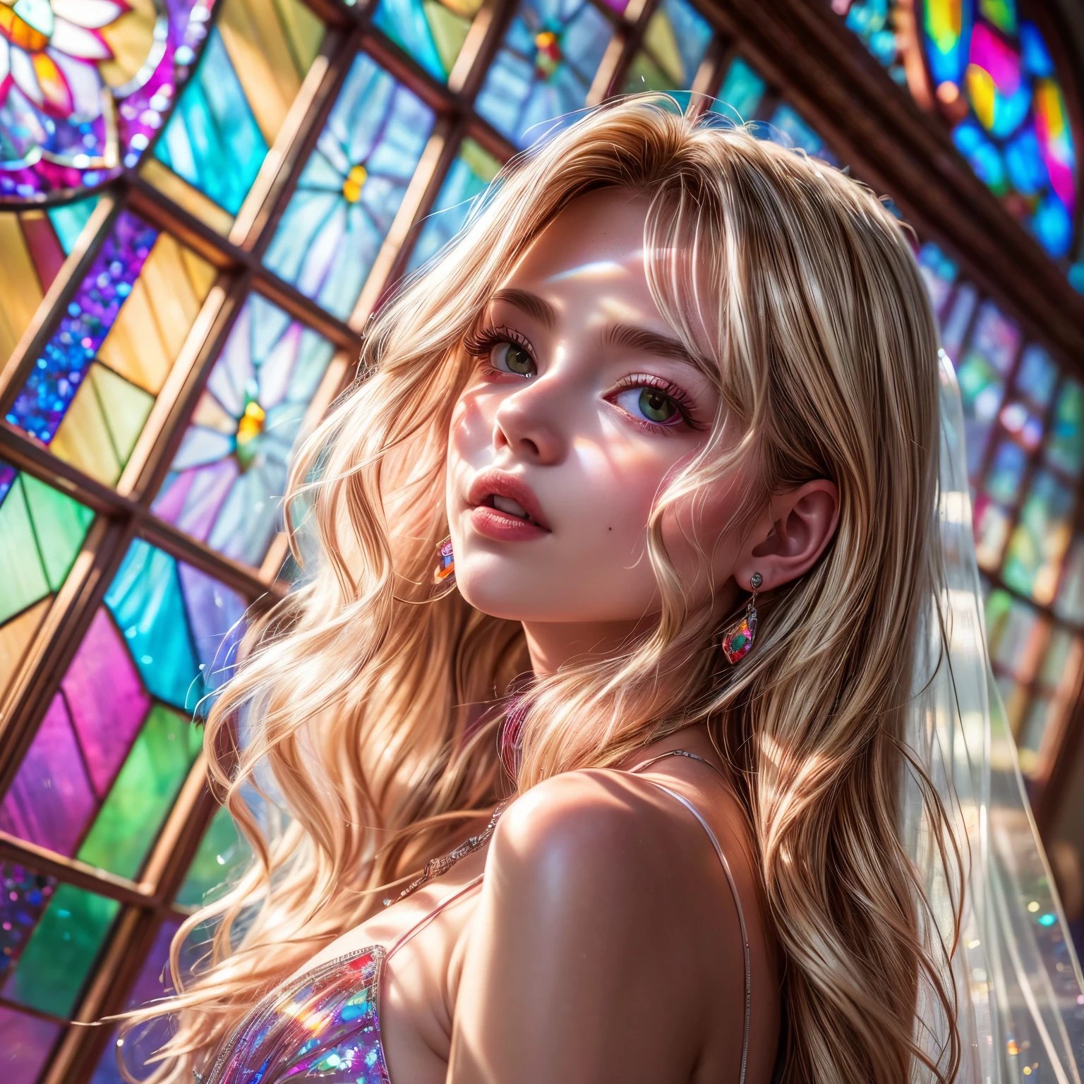 RubyRed (ZoomLayer) TopQuality 8K masterpiece of ((Professional photo)), (((Clarisse de Cagliostro))) (Detailed White WeddingDresses), Chain, Closeup of (Extremely detailed KAWAII face) {(VeiledFace)|BlondeHair|Detailed Sparkling BuleEyes}, The background is distant ((Elaborate stained glass)) Rainbow Glass, {MysticSight|EnchantingAtmosphere|(GodRays)|TyndallEffect}, Radiant PearlSkin with Transparency, (Exposed:0.38)