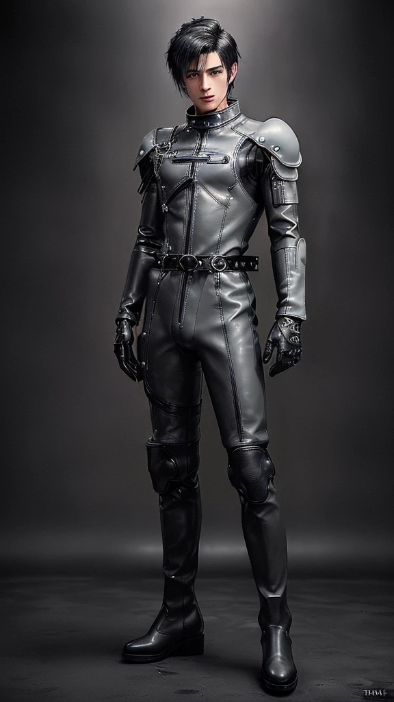 Final fantasy taste and reality graphics, ((Japanese young cute and cool ikemen  boy)), his age is early 20s, thin eyebrows and beady eyes,  ((he wearing gray color thick leather coverall battle suit)),((cool battle suit)),((Don't show your bare skin from the head down)),((battle suit is long sleeve)), ((looks like motorcycle suit style coverall battle suit)),((coverall battle dress is long collar )), ((voluminous coverall suit)), ((coverall suit with black waist belt)),((cloudy white color protectors putting on a forearms,shoulders,chest,back, and front of tights.)) ((Coverall suits flank area, put on black parts)), ((put dark black color leather tight and thin glove on both hands)), ((black color leather glove)),((dark black color leather boots)),((must views  head-to-toe)),((must views whole body)), ,((Do not show skin from the neck down)),, .((must put on a leather glove)).
Boy is black hair.
Boy in the dim room.