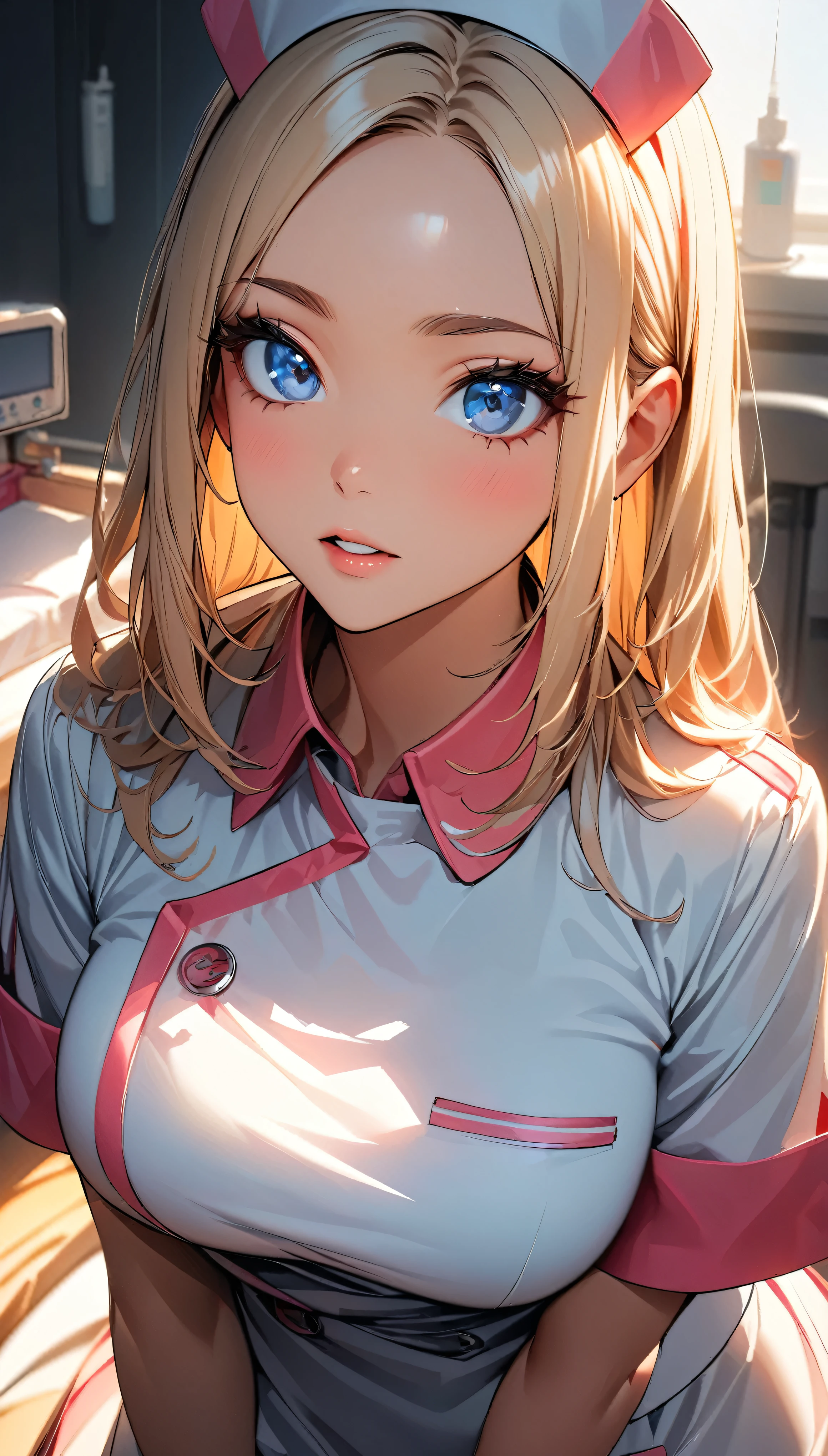 (Highest quality:1.2, Very detailed, up to date, Vibrant, 超High resolution, High Contrast, masterpiece:1.2, Highest quality, Best aesthetics), (((1 girl))), Beautiful nurse, With a big syringe:1.2, Carefully drawn medical equipment, Medical Uniforms, Professionalism, Bright colors, Soft lighting, Expressive eyes, Detailed lips, Long eyelashes, Pleasant atmosphere, confidence, Focus on the nurse, Positive Energy, Calm background, A nurturing presence, High resolution, Sharp focus.