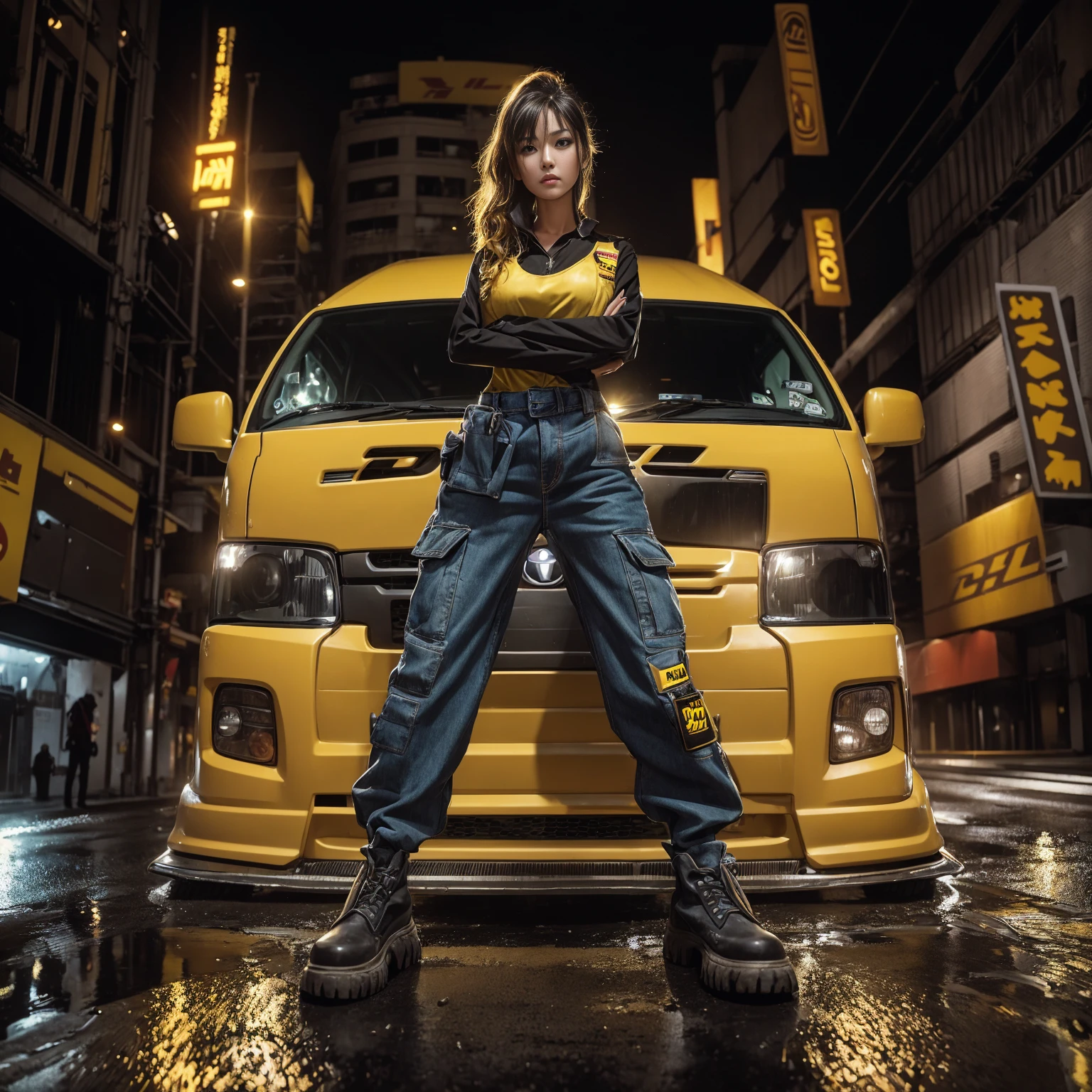 "Capture a striking image of a female model in a DHL uniform jumpsuit with long jeans and work boots, standing beside a stanced and lowered yellow DHL Toyota Hiace. The shot should feature a low angle, 3/4 view, with a heroic aesthetic, set against a nighttime backdrop with wet pavement, reflections, city lights, and neon, emphasizing a front-facing perspective."