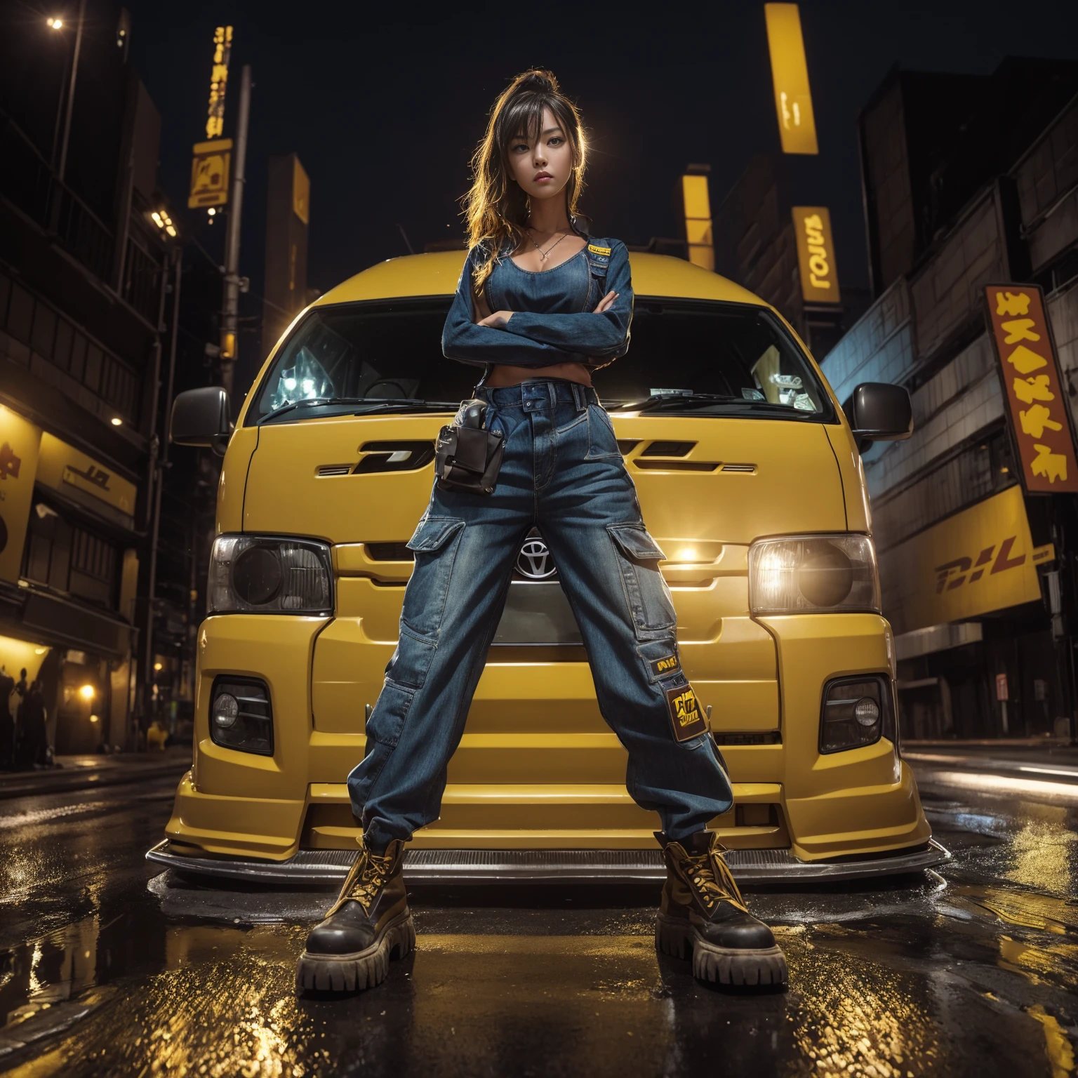 "Capture a striking image of a female model in a DHL uniform jumpsuit with long jeans and work boots, standing beside a stanced and lowered yellow DHL Toyota Hiace. The shot should feature a low angle, 3/4 view, with a heroic aesthetic, set against a nighttime backdrop with wet pavement, reflections, city lights, and neon, emphasizing a front-facing perspective."