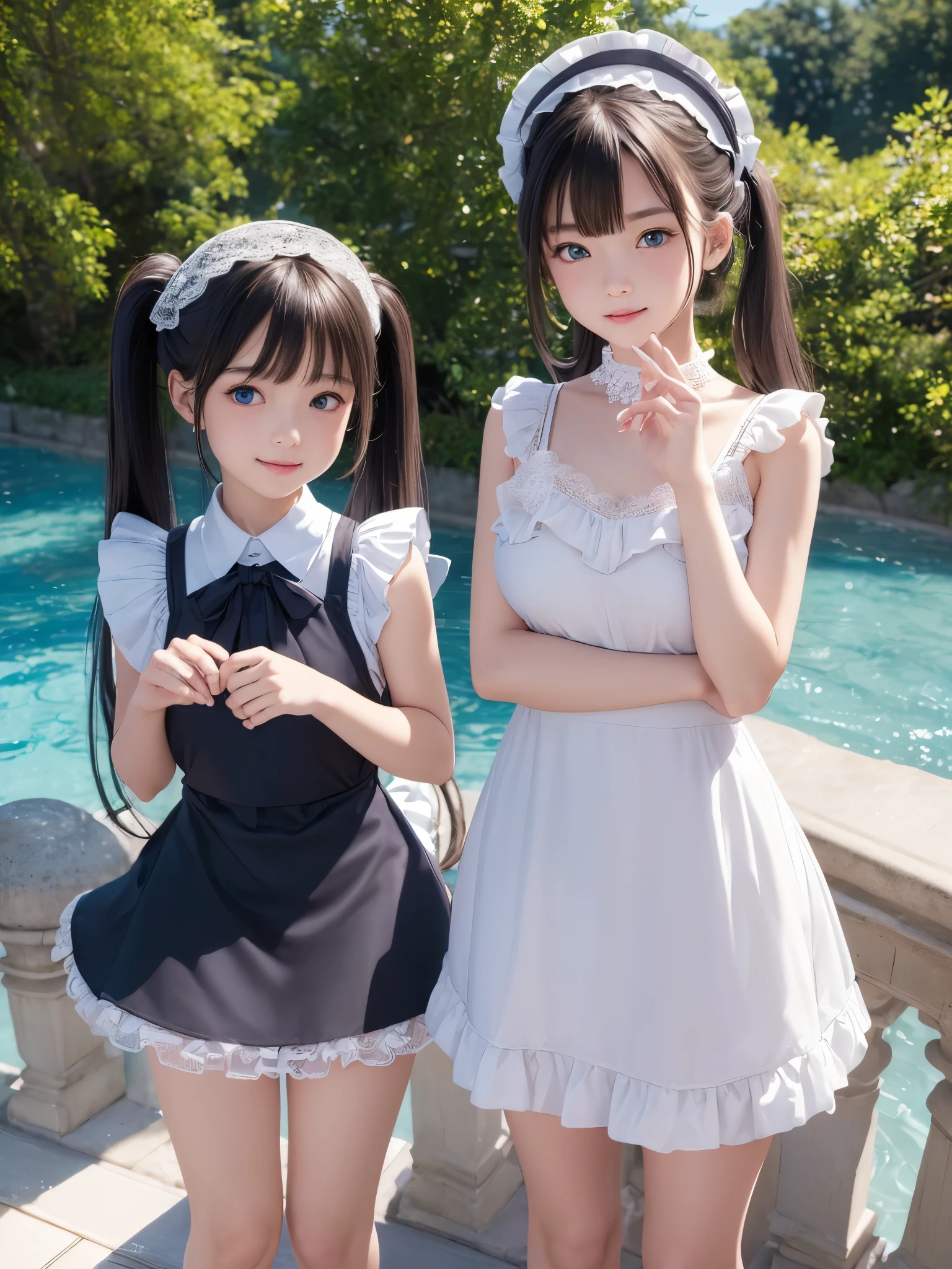 ((masterpiece)), ((highest quality、Ultra high definition)), (Very detailed),8K、Photo quality、((Amazingly cute girl)),)), Two people, , (Beautiful emerald blue eyes), ((smile)),In the open-air bath overlooking the sea, Beautifully arranged black hair in twin tails、スリムボディー、((Cute lolita maid stylimsuit))、Professional Lighting、(White lace knee-highore detailed and beautiful)、(More details and cutenesore realistic)、((Just wear light clothing))、プールではしゃぐ、