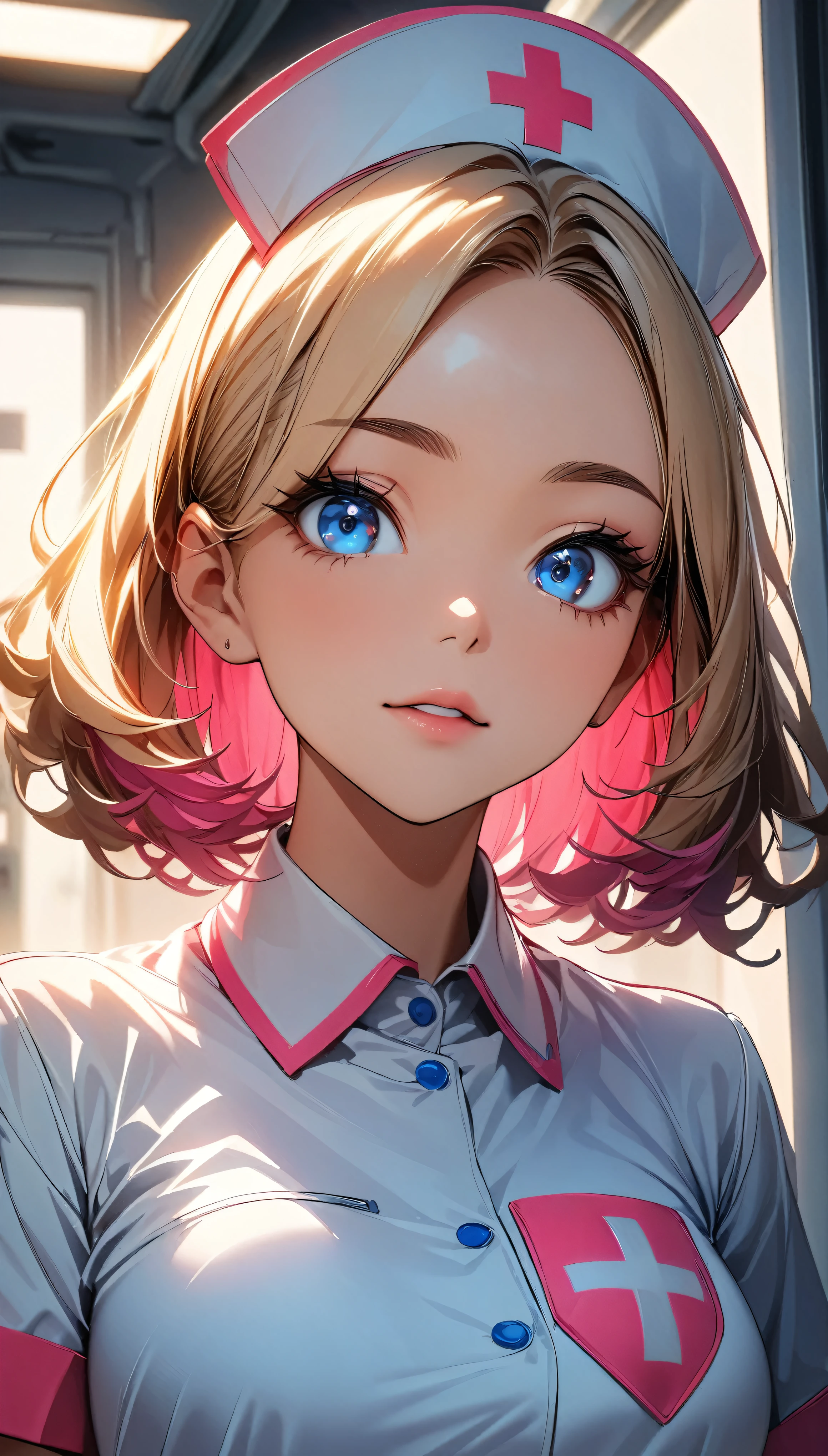 (Highest quality:1.2, Very detailed, up to date, Vibrant, 超High resolution, High Contrast, masterpiece:1.2, Highest quality, Best aesthetics), (((1 girl))), Beautiful nurse, Carefully drawn medical equipment, Medical Uniforms, Professionalism, Bright colors, Soft lighting, Expressive eyes, Detailed lips, Long eyelashes, Pleasant atmosphere, confidence, Focus on the nurse, Positive Energy, Calm background, A nurturing presence, High resolution, Sharp focus.