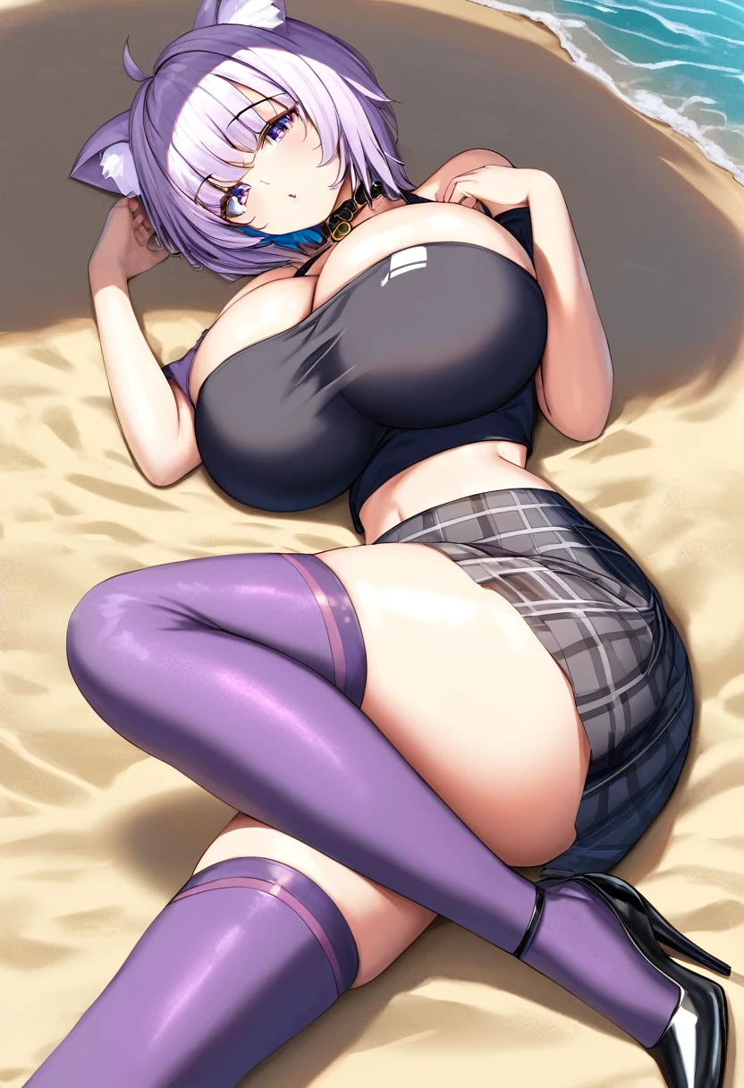 (huge breasts:1.4)(masterpiece) (high quality) (best quality) (1girl), (solo), narrow waist, (looking at viewer), tight black crop top with short sleeves, bare shoulders, black plaid skirt, kneehighs, Nekomata Okayu, :3 mouth, beach, high heels, short hair, collar, laying on towel