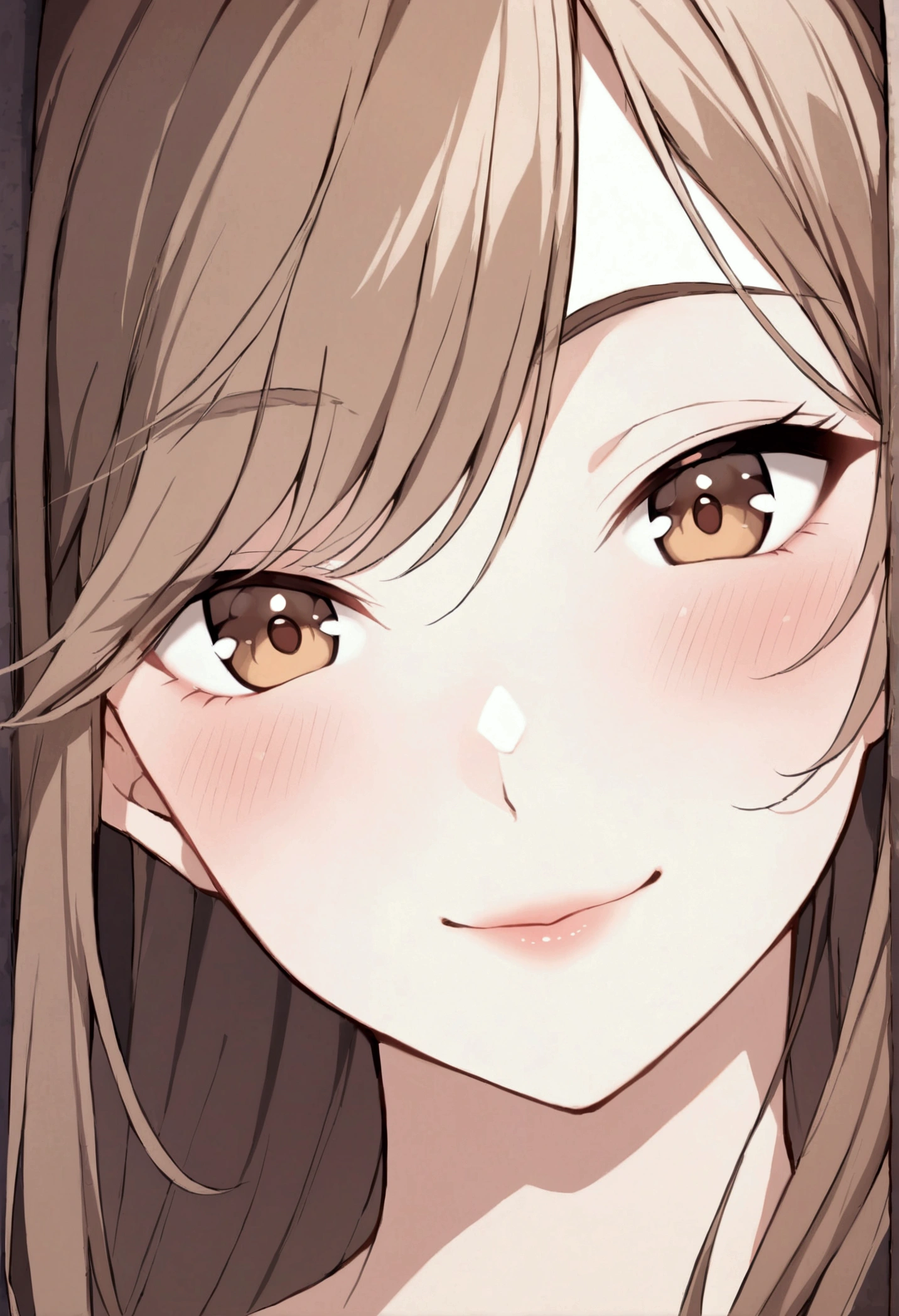 slender, mature female,rating:safe, 1girl, long_hair, brown_hair, solo, eyebrows_visible_through_hair, smile, closed_mouth, looking_at_viewer, brown_eyes, hair_between_eyes, blush, bangs,  lips, close-up, face,