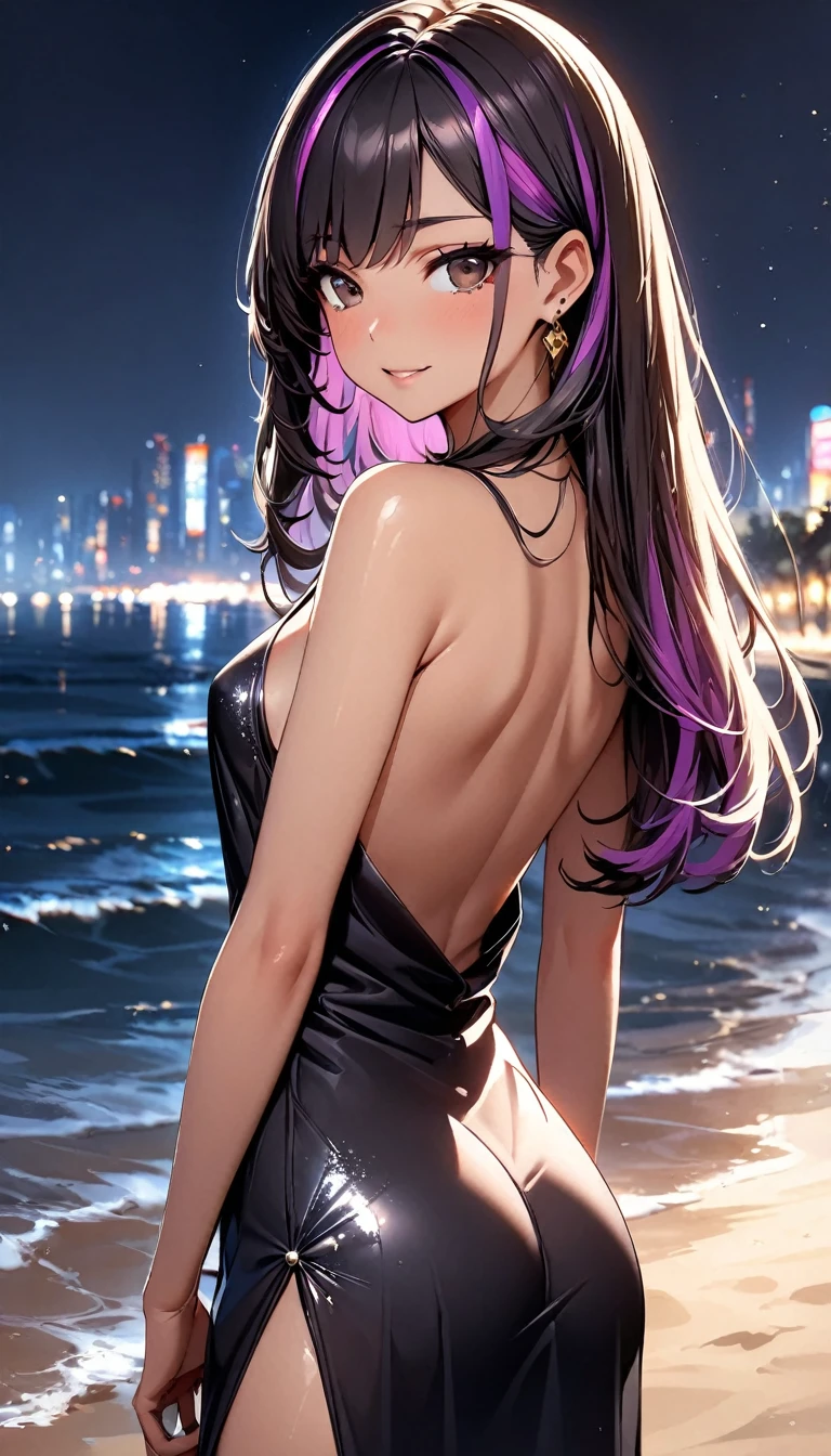 (highest quality:1.2, Very detailed, up to date, Vibrant, Ultra-high resolution, High Contrast, masterpiece:1.2, highest quality, Best aesthetics), Portraiture、girl、((25-years-old:1)), (black evening dress, Sequins:1.3), backless, no sleeve, Bright colors、Beautiful fine details、Beautiful lip detail, long hair、black and purple ((streaked hair:1.6)), highlights hair: 1.5, brown eyes, gold earrings, ((slim body:1.4)), (small breast:0.7), (dark skin:0.5), on the beach, night city in the background, (cowboy shot:1.5),