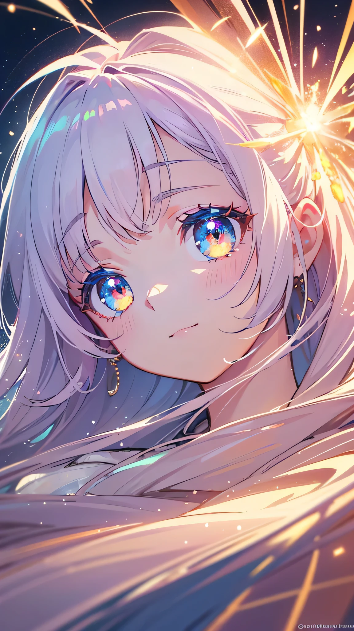 A close-up illustration of an angel's face, with a particular focus on the eyes. The eyes should be depicted with a glass-like beauty, capturing the delicate reflections of fireworks. Each spark and color from the fireworks should be reflected in the angel's eyes, enhancing their depth and radiance. The face should be ethereal and serene, with a soft and luminous glow. The overall scene should emphasize the intricate details of the eyes and the reflection, creating a stunning and mesmerizing image. Ensure the image is of the highest quality, capturing the fantasy and beauty of the moment.