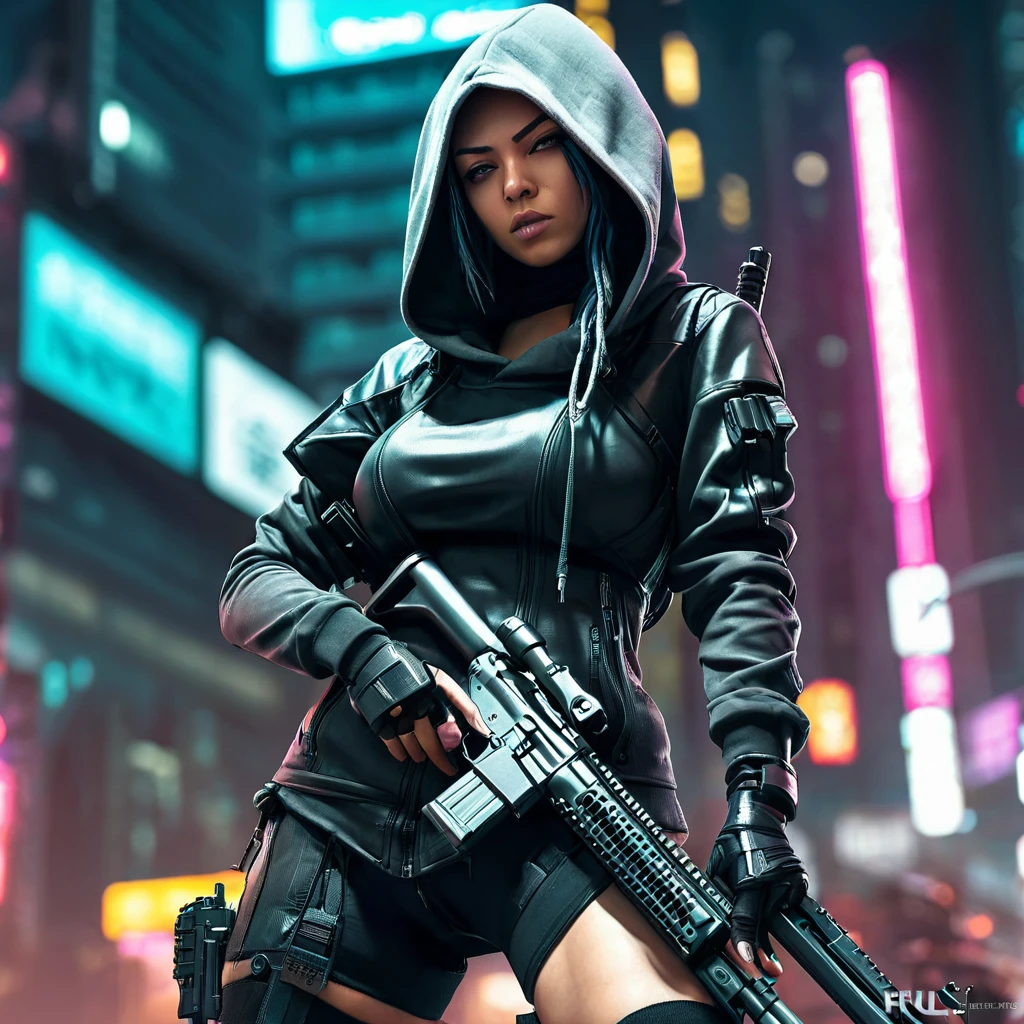 a close up of a person with a gun and a hood on, cyberpunk art, neoism, cyberpunk assassin, cyberpunk girl in hoodie, female assassin, mechanized soldier girl, cyberpunk city, sniper girl in war, cyberpunk character design, full body shot, shooting stance
