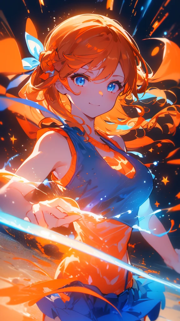 Highest quality, Very detailedな, Highest quality, Very detailed, beautiful, masterpiece, 8k,
Ocean, Sandy Beach,A large audience,Refraction Glowing white lines ,woman, blonde, Long Hair, Braiding, (Hair Ribbon :1.2) , Orange Ribbon, Ribbon in hair, blue eyes, Very detailed目,Tank top, (orange shirt:1.5),( Blue mini skirt:1.1) ,Abdominal muscles, belly button
(Waltz:1.5), Upper Body, (great joy;1.5), (Wicked Smile:1.2), ,(Make a frown:1.1), (Gazing at the audience:1.5), ,(Ecstasy:1.3) ,(Vulgarity:1.3),(Wet:0.8),(Drooling:0.6),(Sweat:0.8),