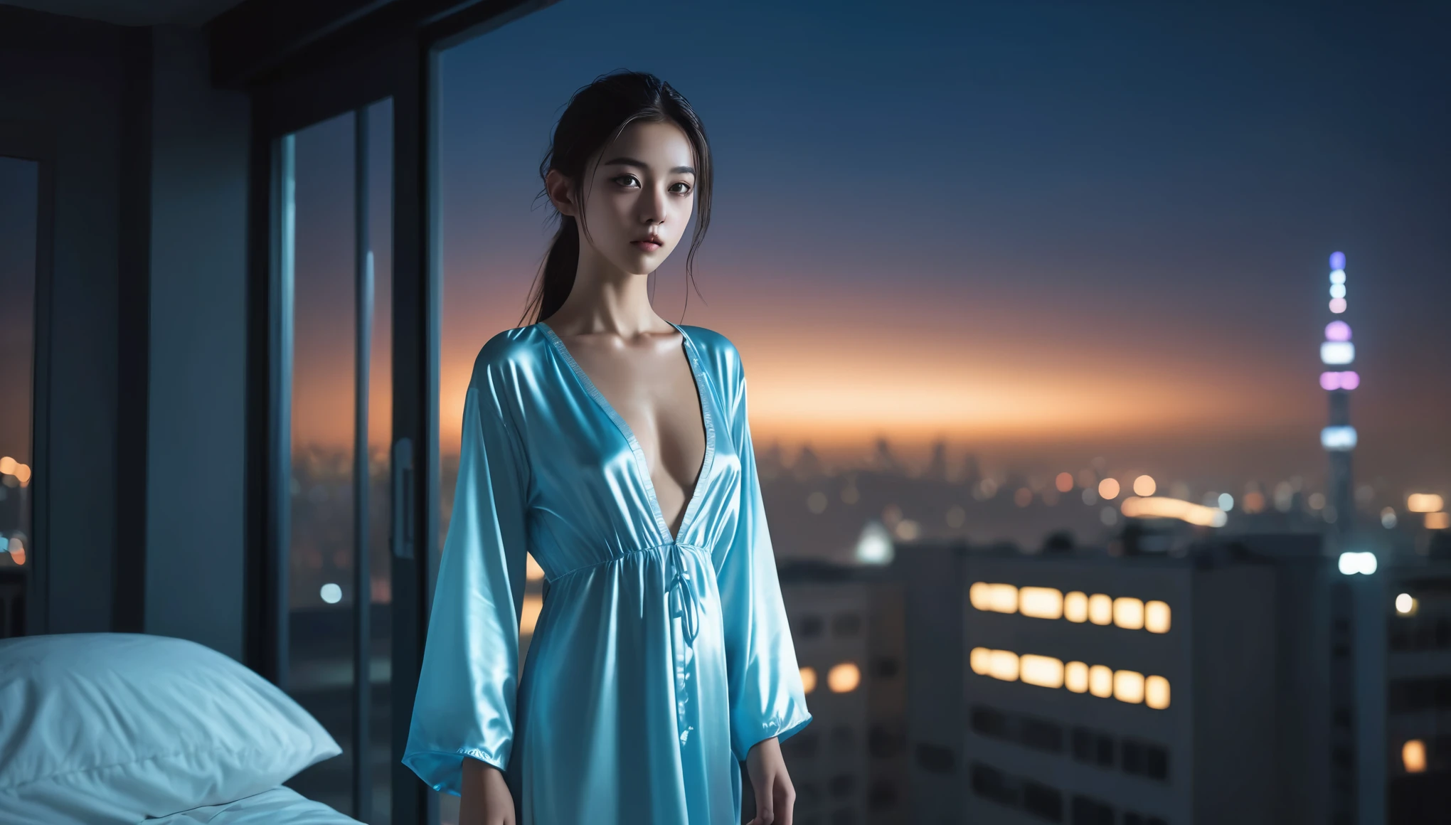 Top Quality, Masterpiece, High Resolution, 8k, (((cute skinny barely legal girl in oversized silky nightgown with plunging neckline, wide neckline, deep neckline, small perky breasts, beautiful detailed eyes, beautiful detailed lips, small closed mouth, extremely detailed face, long ponytail hair, small hips))), cyberpunk apartment, moody atmosphere, dramatic and random neon colors, futuristic setting, intricate details, at night, backlit, full body shot, view from distance 