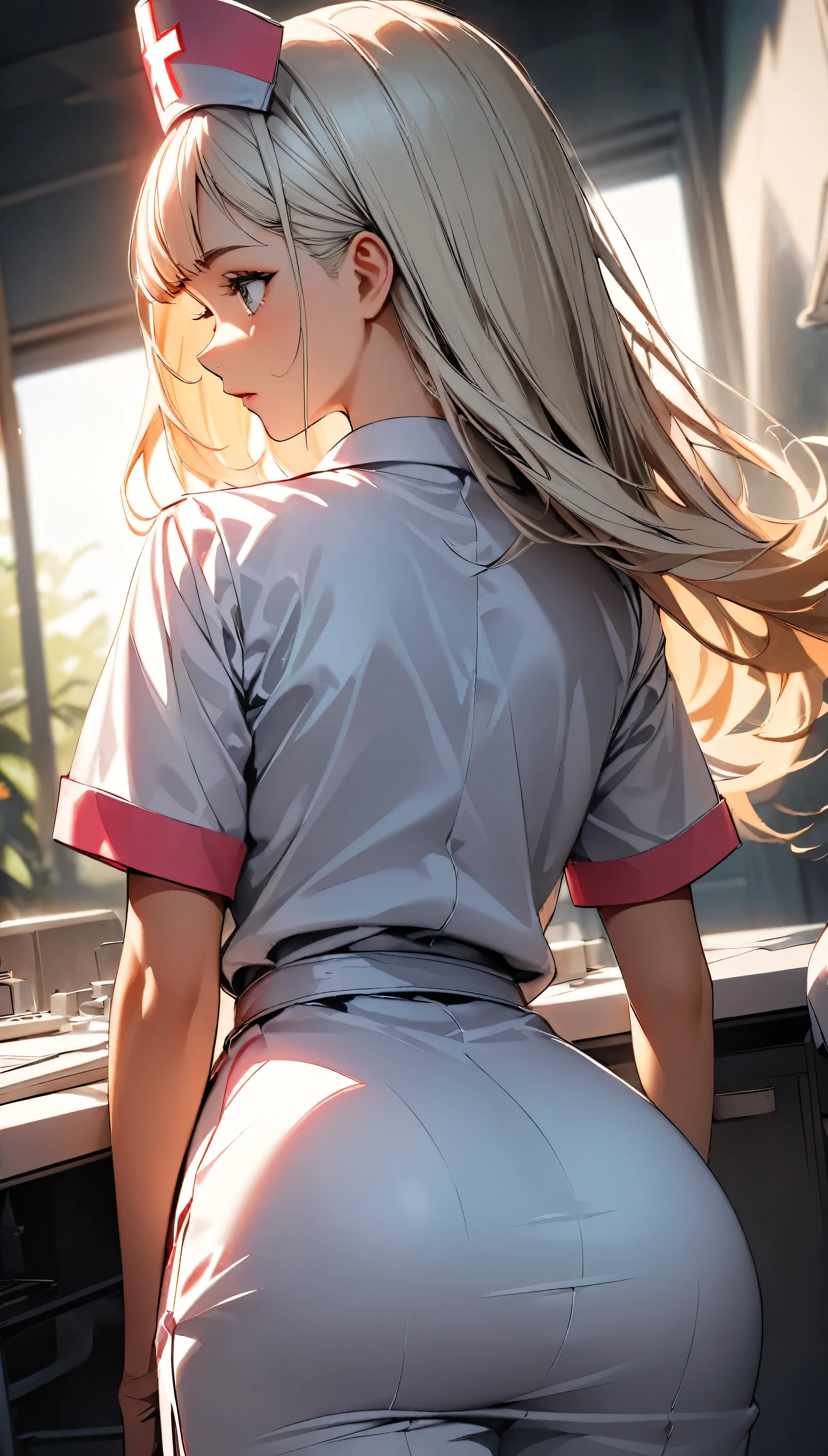 (Highest quality:1.2, Very detailed, up to date, Vibrant, 超High resolution, High Contrast, masterpiece:1.2, Highest quality, Best aesthetics), (((1 girl))), Beautiful nurse, Carefully drawn medical equipment, Medical Uniforms, Professionalism, Bright colors, Soft lighting, Expressive eyes, Detailed lips, Long eyelashes, Pleasant atmosphere, confidence, Focus on the nurse, Positive Energy, (((Backwards, turn around, Focus on the butt:1.2))), Calm background, A nurturing presence, High resolution, Sharp focus.