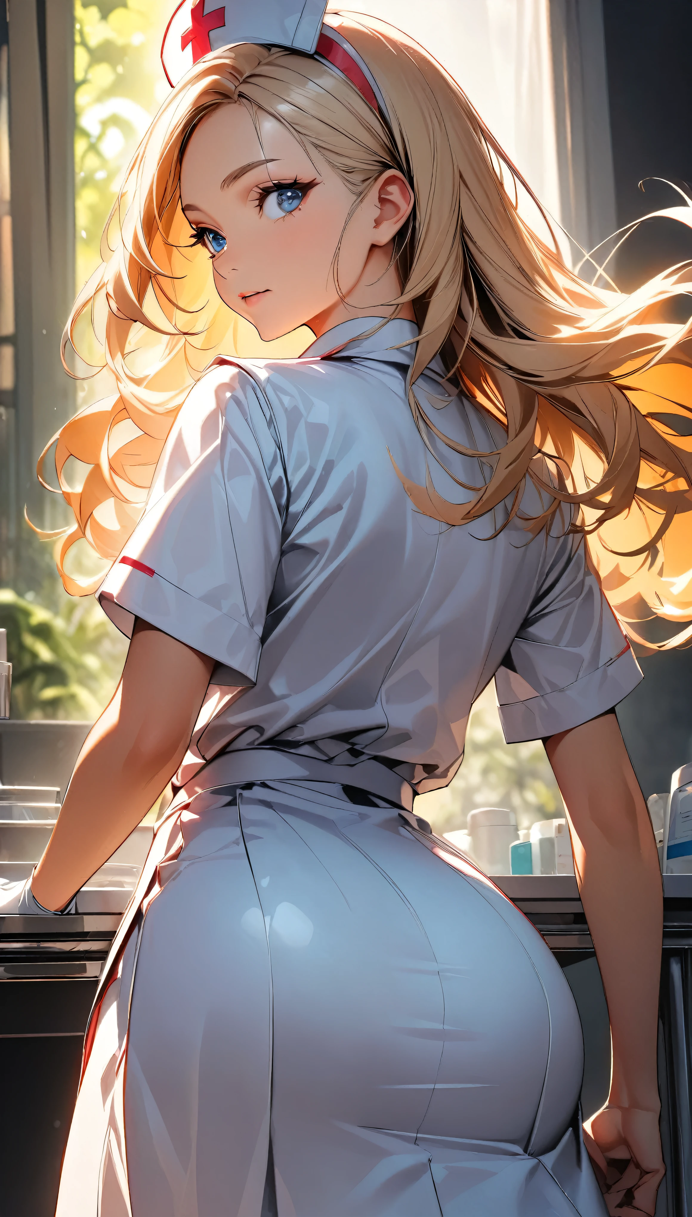 (Highest quality:1.2, Very detailed, up to date, Vibrant, 超High resolution, High Contrast, masterpiece:1.2, Highest quality, Best aesthetics), (((1 girl))), Beautiful nurse, Carefully drawn medical equipment, Medical Uniforms, Professionalism, Bright colors, Soft lighting, Expressive eyes, Detailed lips, Long eyelashes, Pleasant atmosphere, confidence, Focus on the nurse, Positive Energy, (((Backwards, turn around, Focus on the butt:1.2))), Calm background, A nurturing presence, High resolution, Sharp focus.