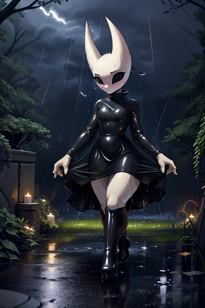 (masterpiece), ((perfect anatomy)), (high Res), (4k), hornet, ((insectoid)), ((segmented body)), ((insect body parts)), (white head), 3 fingers(index, middle and thumps), flat chest, wide hips, (((wet and transparent red long sleeved dress))), (((black high boots))), walking in a forest, (((solo))), narrow waist, (cute artstyle), full body, (((raining))), (((storm))), (((at night))), (((wet))), in the dark