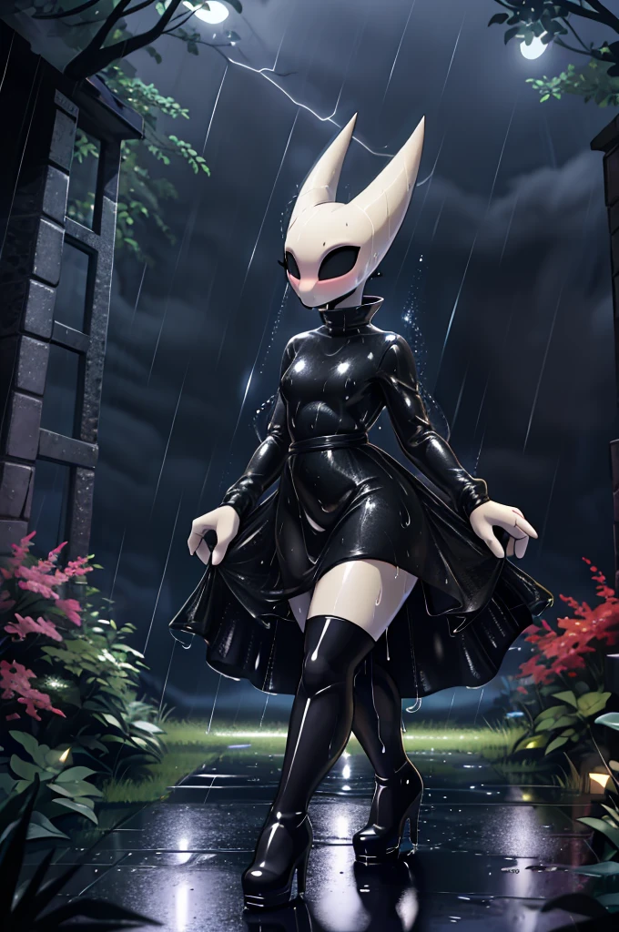 (masterpiece), ((perfect anatomy)), (high Res), (4k), hornet, ((insectoid)), ((segmented body)), ((insect body parts)), (white head), 3 fingers(index, middle and thumps), flat chest, wide hips, (((wet and transparent red long sleeved dress))), (((black high boots))), walking in a forest, (((solo))), narrow waist, (cute artstyle), full body, (((raining))), (((storm))), (((at night))), (((wet))), in the dark