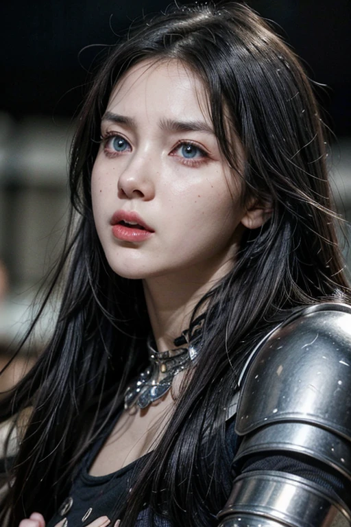 absurdrez, ultra details, high qualiy, work of art, face detailed, gorgeous eyes(detailedeyes) warrior with sword, long black hair, gleaming armor, fully body, tense facial expression, gaping mouth, yelling, grappling