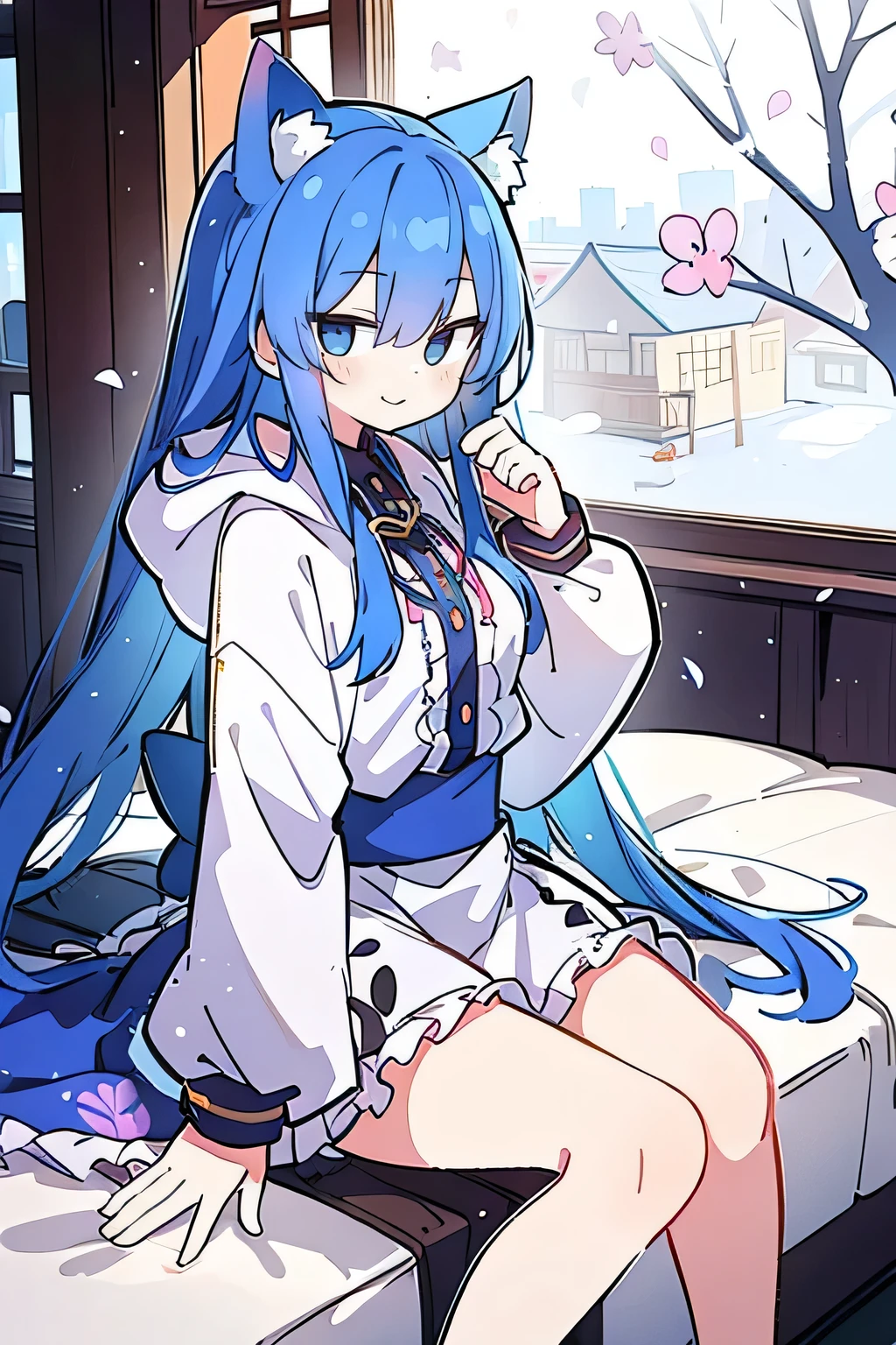 (masterpiece:1.2),Super detailed,lifelike,Expressive eyes,fair skin,perfect face shape,1 girl,
Japanese comics,Gorgeous blue hair,flowing blue hair,flowing clothes,Cat ears,Petals fall,beautiful lola,Baby Angel,
Shaking head with one hand,Cross your legs,Gentle and peaceful background,The pavilion is cool and comfortable,smile, wearing hoodie, In front of the window,snowing