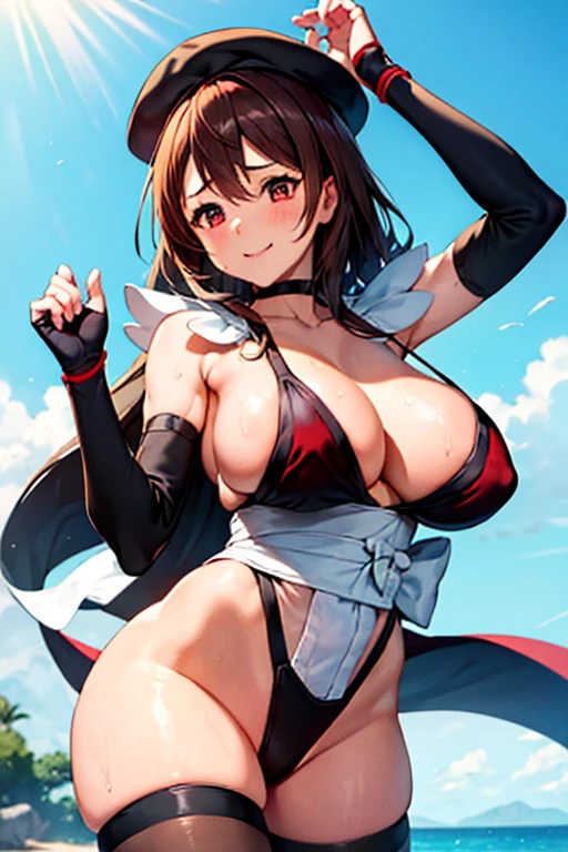 masterpiece, high resolution, best quality, rendered art, beautiful art, well formed fingers and hands, 1 woman, Maou ,hair ornament ,adult, grown up, 31 years old, large and round breasted, cleavage, full body, wearing a Iroha Samurai Spirits cosplay, Iroha_Samurai_Spirits_cosplay, maid hat, choker, fingerless gloves, black tights, sexy and skimpy kimono, pelvic curtain, white maid uniform,doing exercise, warming up, working out, sexy and captivating training, smiling joyfully and happily , looking at the viewer, , sweating , bouncing breasts, bikini thong,  training montage session, beach environment                   