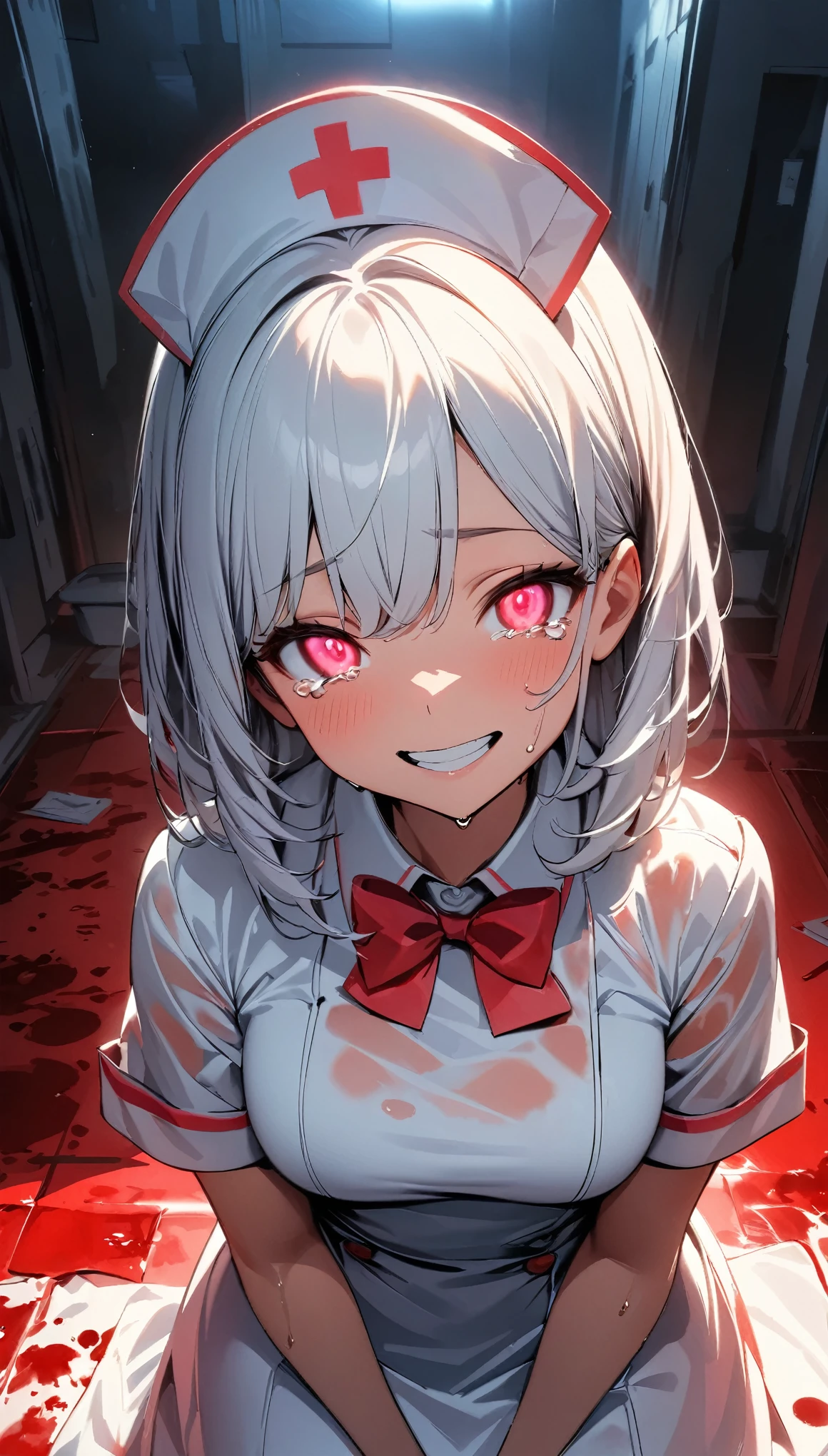 (Highest quality:1.2, Very detailed, up to date, Vibrant, Ultra-high resolution, High Contrast, masterpiece:1.2, Highest quality, Best aesthetics), (((1 girl))), View your audience, In-person audience, barefoot, One Girl, alone, Upper Body, bow, Nurse uniform, Nurse cap, Nurse Costume, Crazy Smile, At night, Isolation ward, Wet clothes, drenched, Scalpel, Tears of Blood, Bloodstain, Dark Room, Blood splattered on the ground, Red bright light, Glowing Eyes, Written boundary depth, Stand still, red lighting, atmosphere, Perfect hands