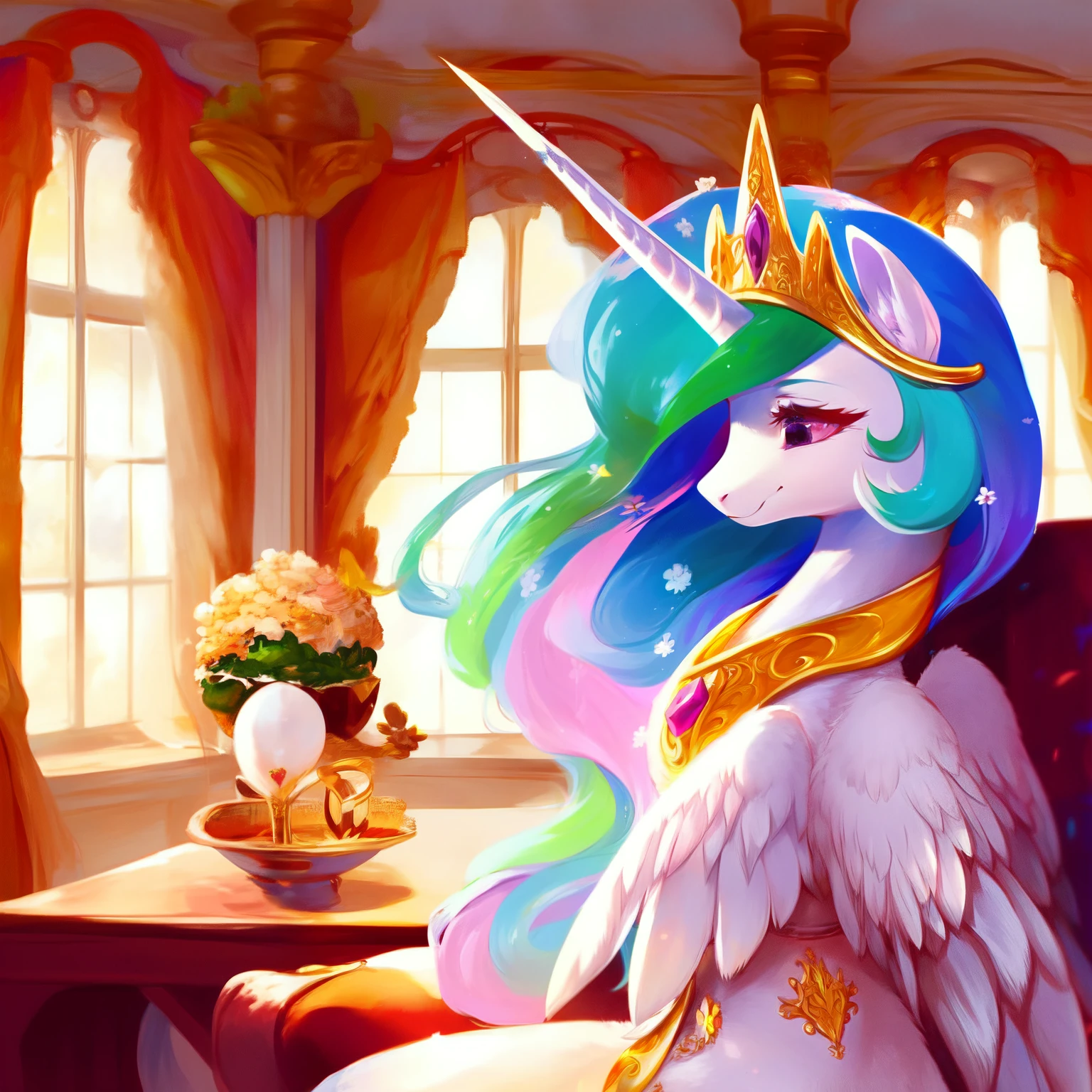 rating_safe, score_9, fluffy, princess celestia，独奏，Interior scene，Lie on the couch。Elegant portrait。Dull Color。Highest quality