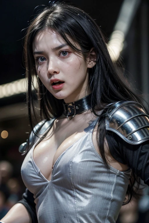 absurdrez, ultra details, high qualiy, work of art, face detailed, gorgeous eyes(detailedeyes) warrior with sword, long black hair, gleaming armor, fully body, tense facial expression, gaping mouth, yelling, grappling, fully body