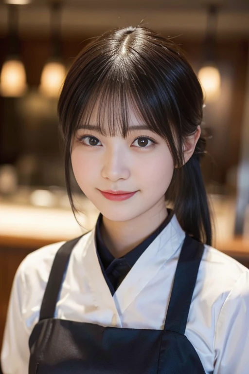 (Highest quality,masterpiece:1.3,Ultra-high resolution,),(Very detailedな,Caustics),(Photorealistic:1.4,RAW shooting,)Ultra-Realistic Capture,Very detailed,High resolution 16K human skin closeup。 Natural skin texture、,Pores、、、It must be detailed enough to be easily identifiable。 Skin tone is even and healthy looking。 Use natural light and colour,restaurant,Waitress Uniform,1 girl,Japanese,18-year-old,cute,Black-haired,ponytail,Big Breasts,smile,Turn your body forward,(Front view:1.1),Looking at the camera,Cowboy Shot,