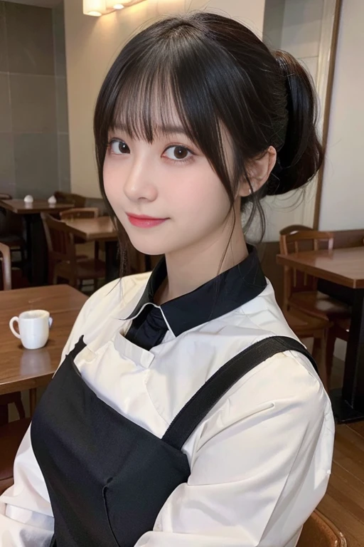 (Highest quality,masterpiece:1.3,Ultra-high resolution,),(Very detailedな,Caustics),(Photorealistic:1.4,RAW shooting,)Ultra-Realistic Capture,Very detailed,High resolution 16K human skin closeup。 Natural skin texture、,Pores、、、It must be detailed enough to be easily identifiable。 Skin tone is even and healthy looking。 Use natural light and colour,restaurant,Waitress Uniform,1 girl,Japanese,18-year-old,cute,Black-haired,ponytail,Big Breasts,smile,Turn your body forward,(Front view:1.1),Looking at the camera,Cowboy Shot,